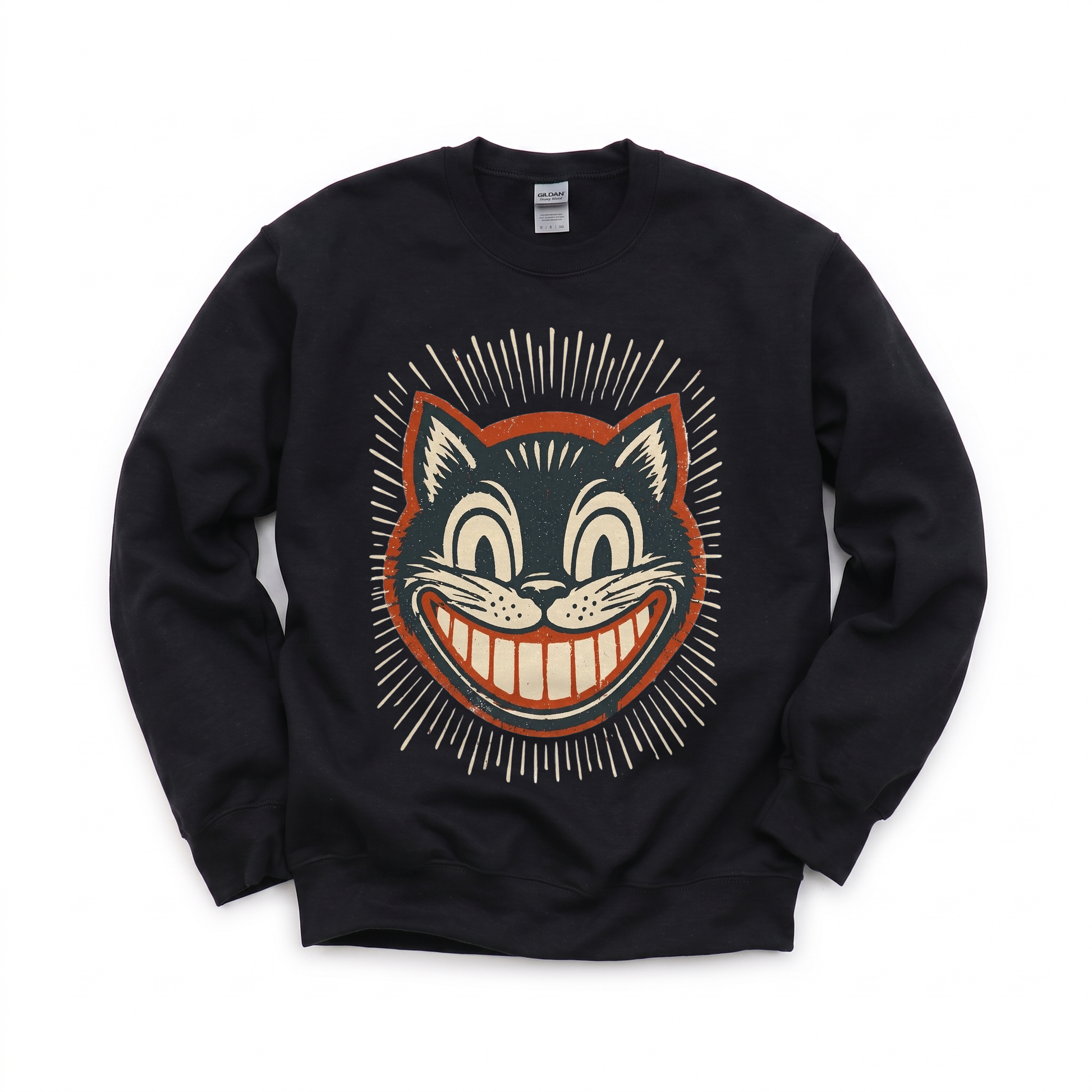 Vintage Black Cat graphic on Gildan 18000 in Black