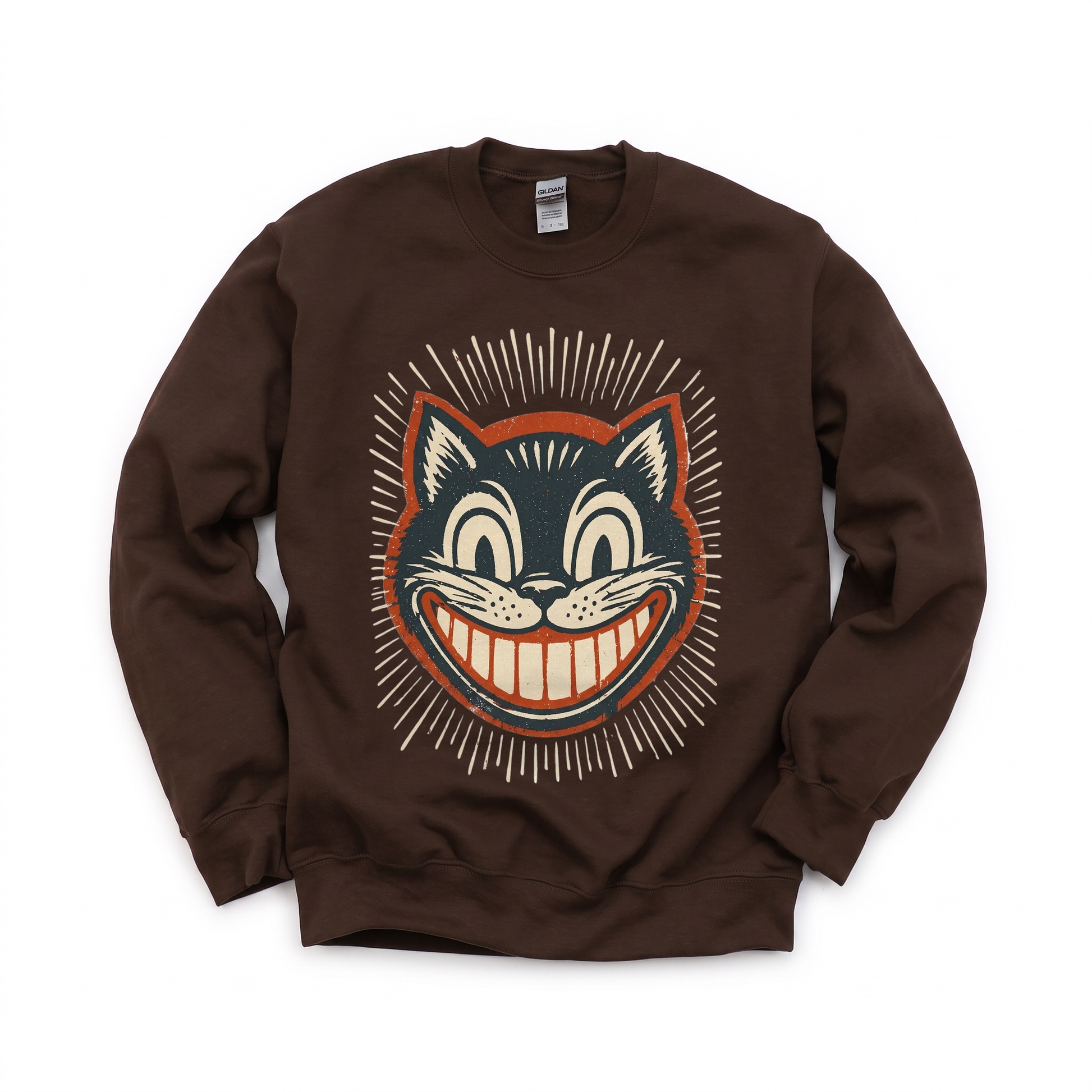 Vintage Black Cat graphic on Gildan 18000 in Dark Chocolate