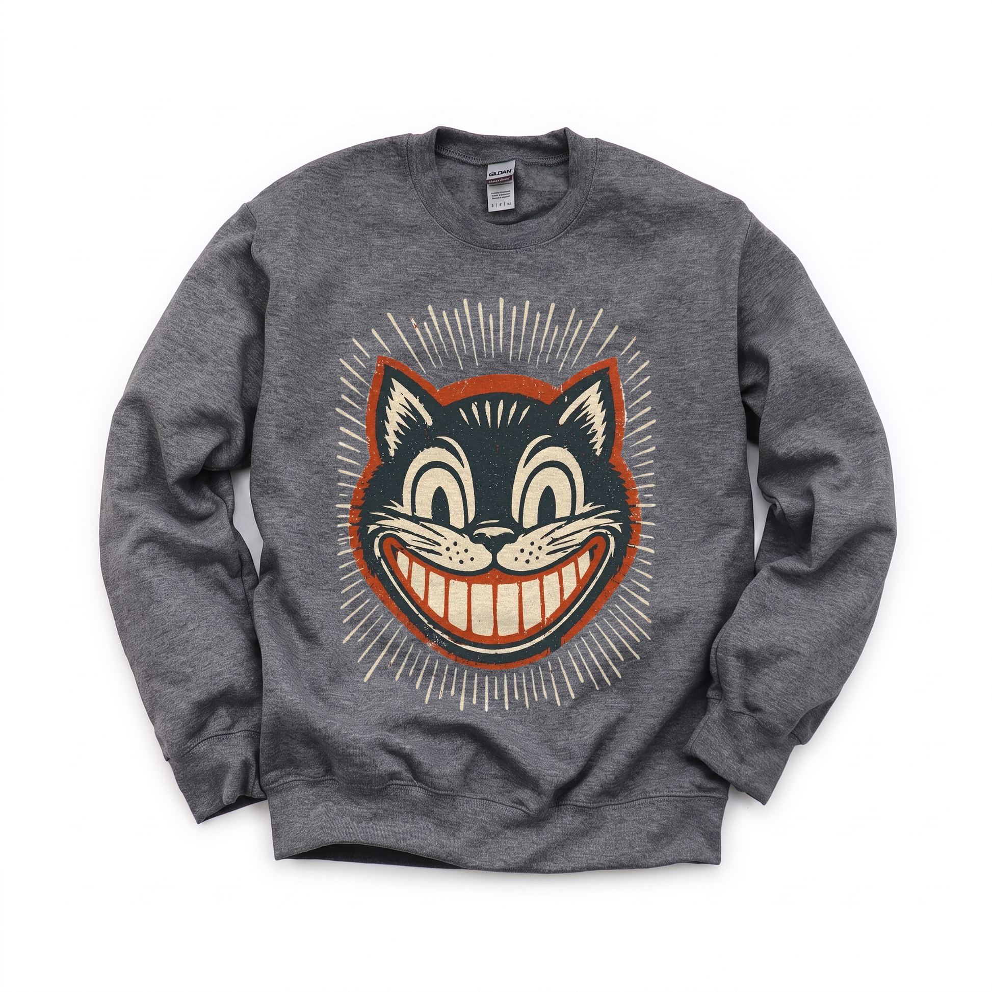 Vintage Black Cat graphic on Gildan 18000 in Dark Heather