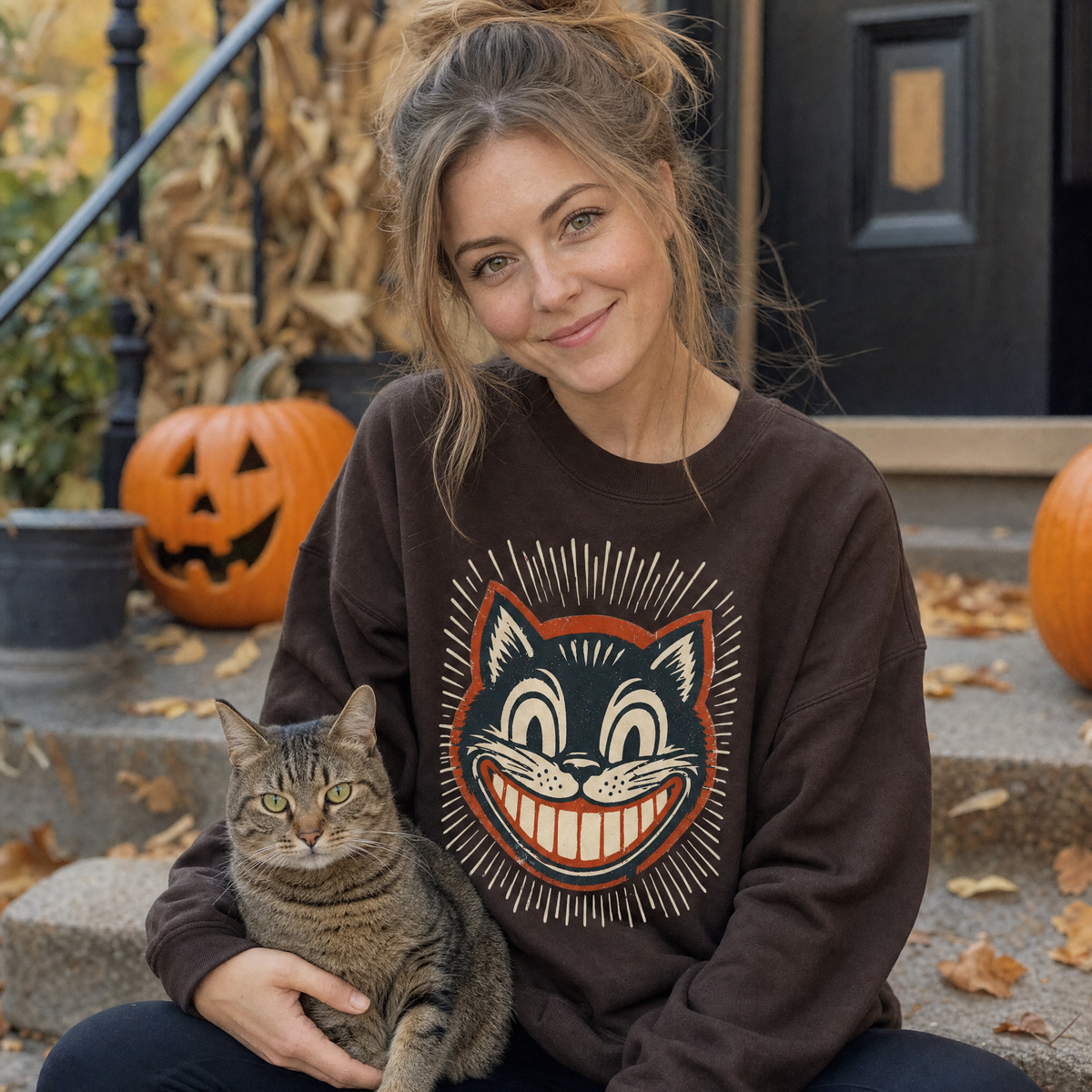 Model wearing the Vintage Black Cat sweatshirt in Dark Chocolate