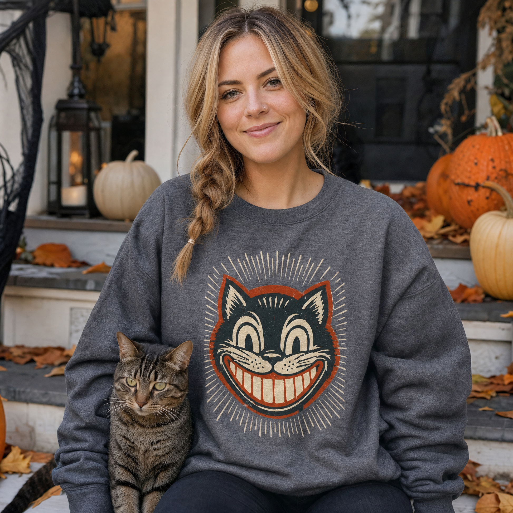 Model wearing the Vintage Black Cat sweatshirt in Dark Heather