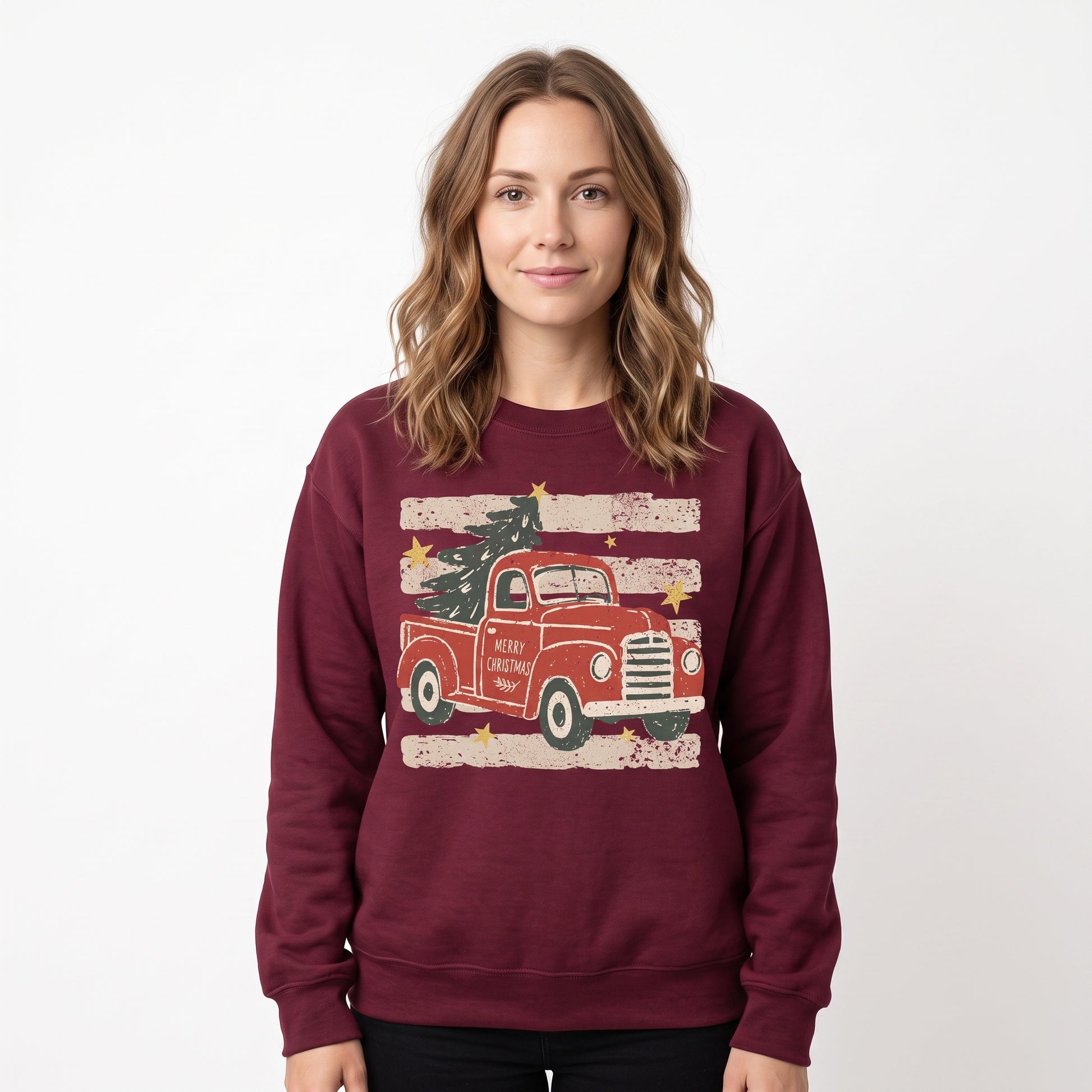Model wearing the Vintage Christmas Truck sweatshirt in Maroon, cover image 1