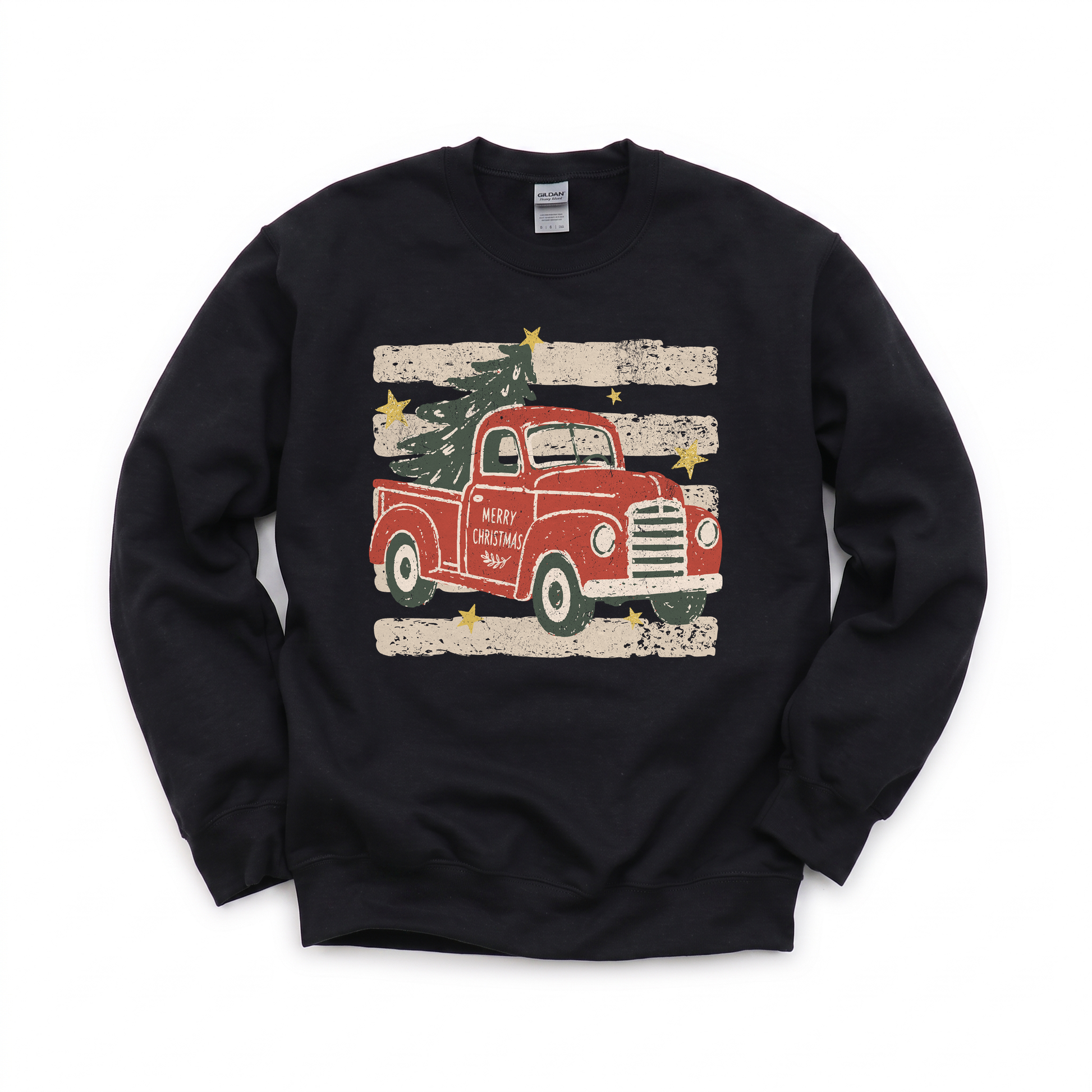 Vintage Christmas Truck graphic on Gildan 18000 in Black