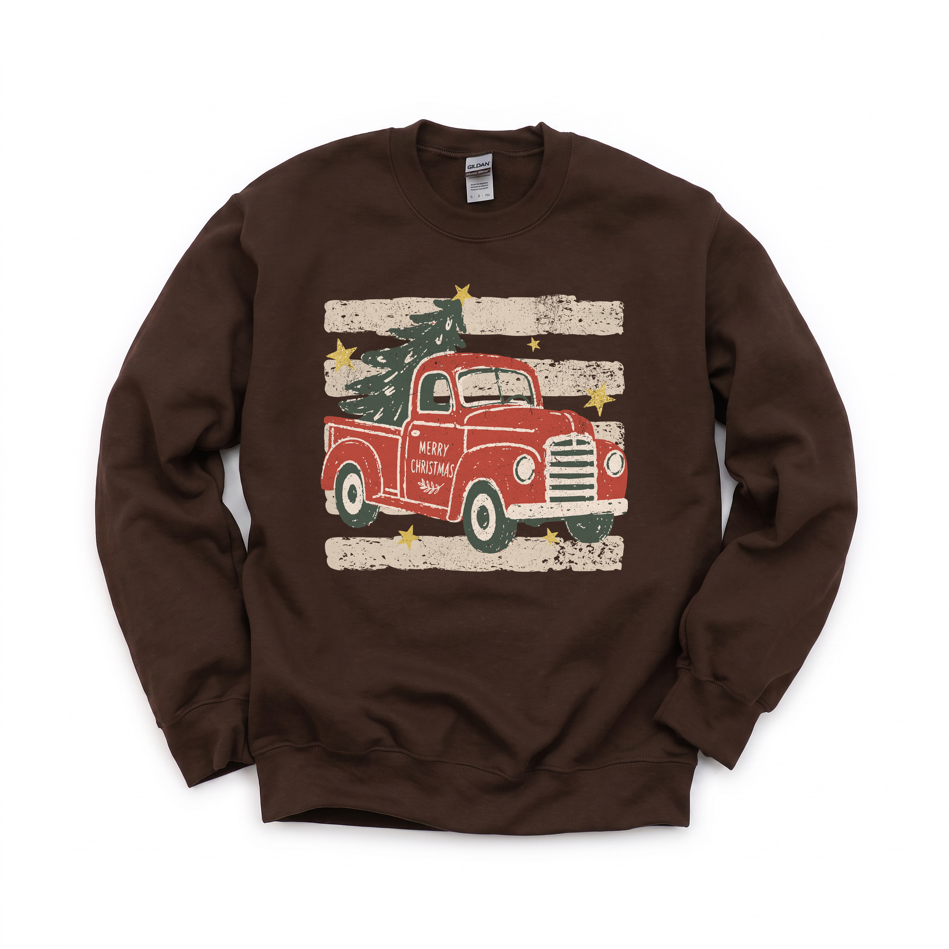 Vintage Christmas Truck graphic on Gildan 18000 in Dark Chocolate