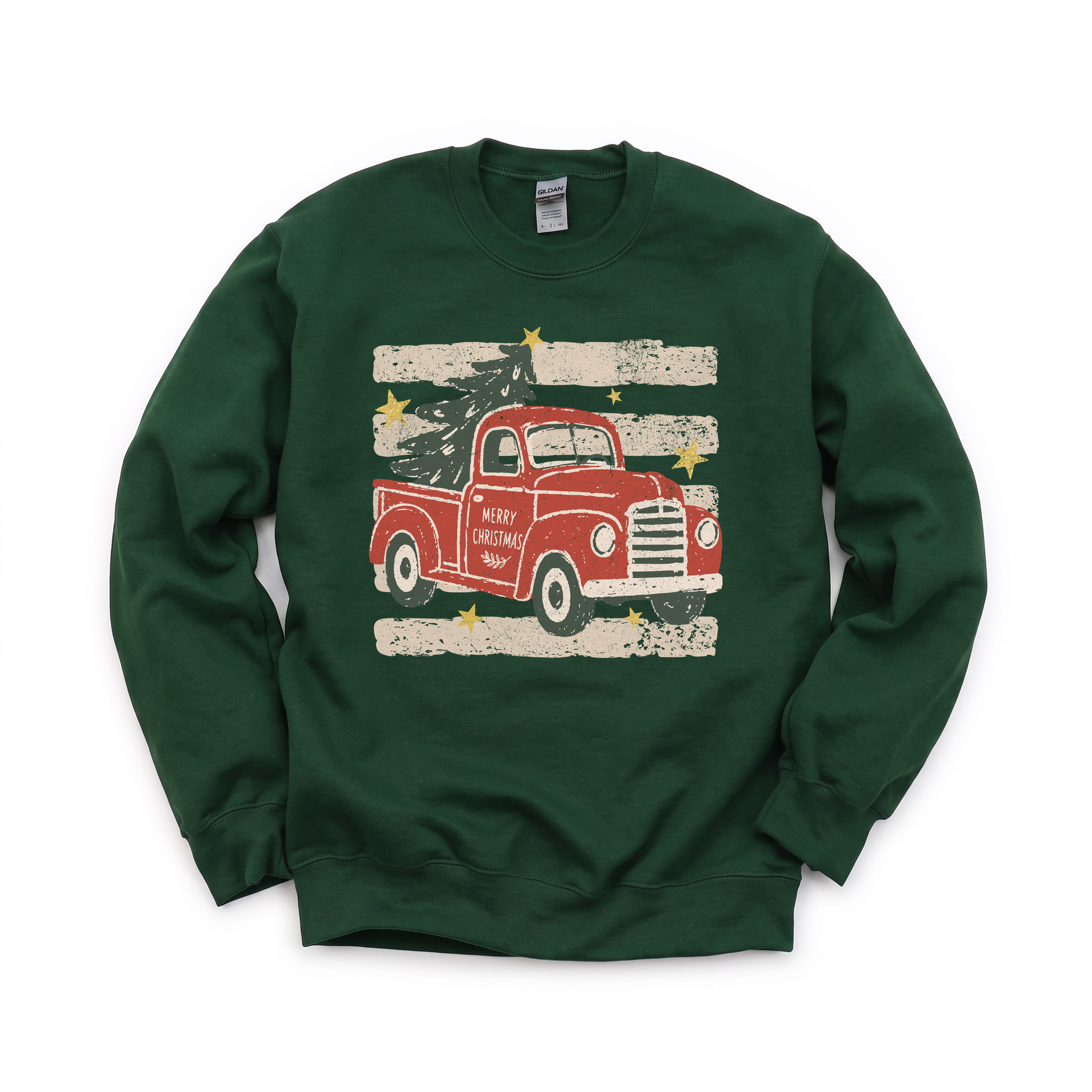 Vintage Christmas Truck graphic on Gildan 18000 in Forest Green
