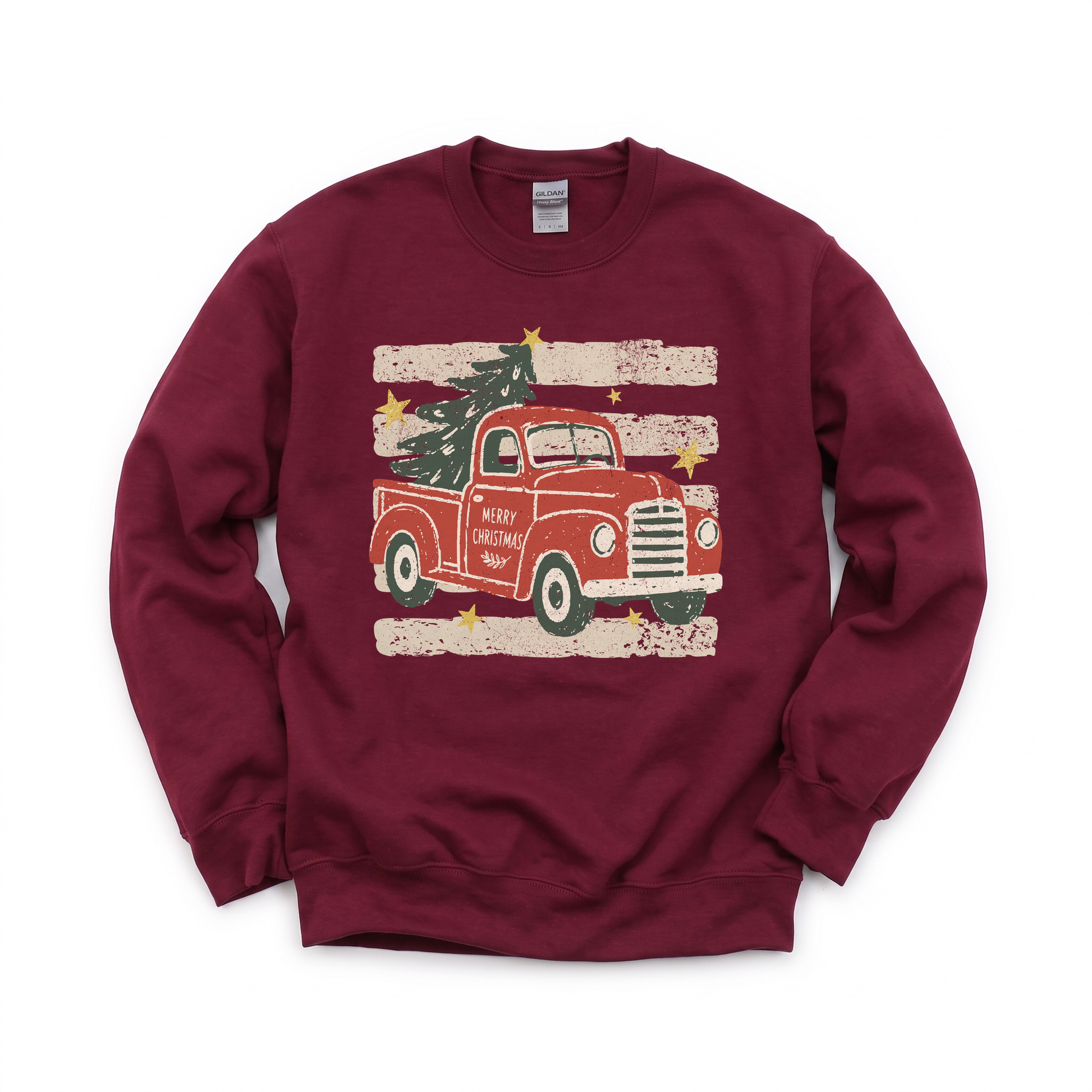 Vintage Christmas Truck graphic on Gildan 18000 in Maroon