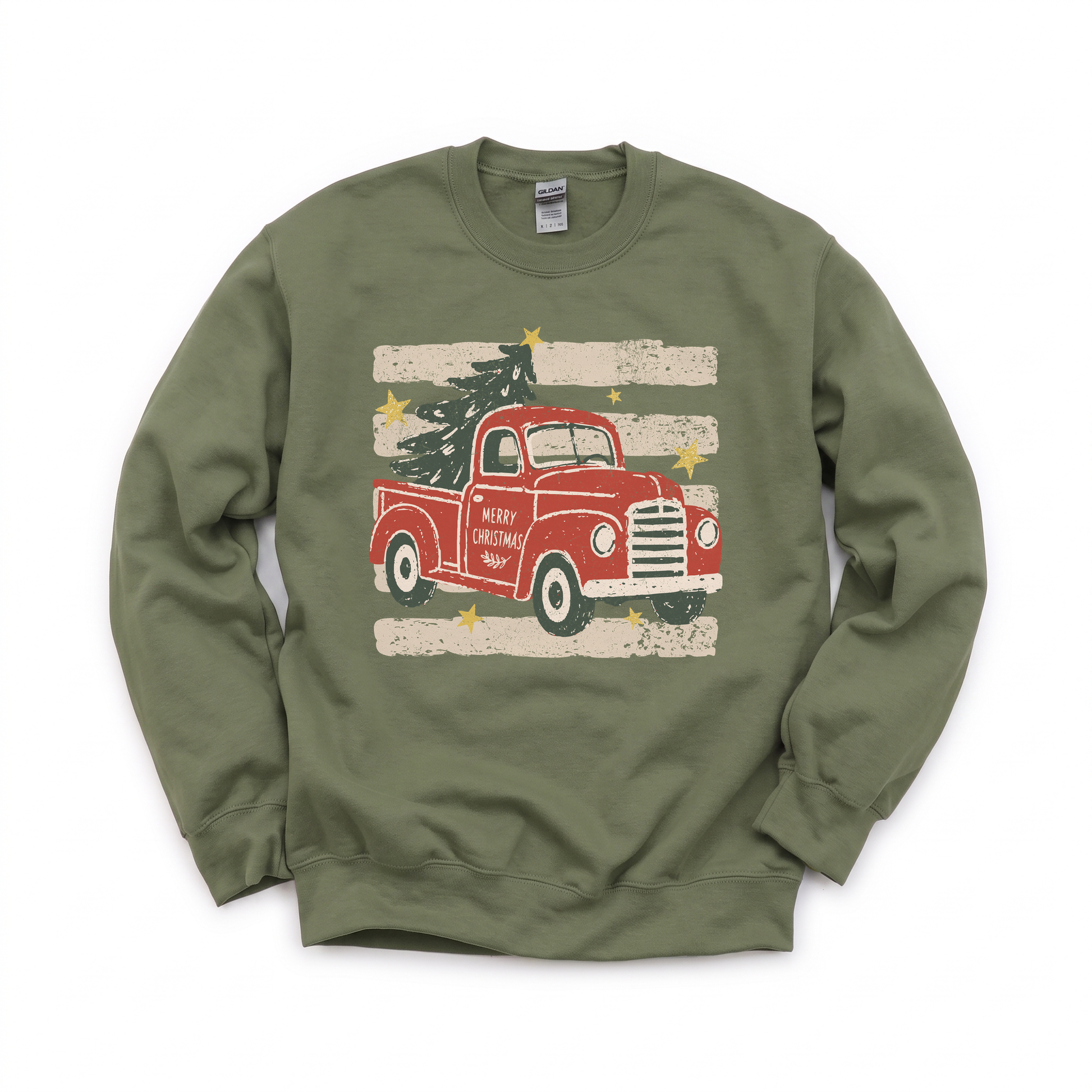 Vintage Christmas Truck graphic on Gildan 18000 in Military Green