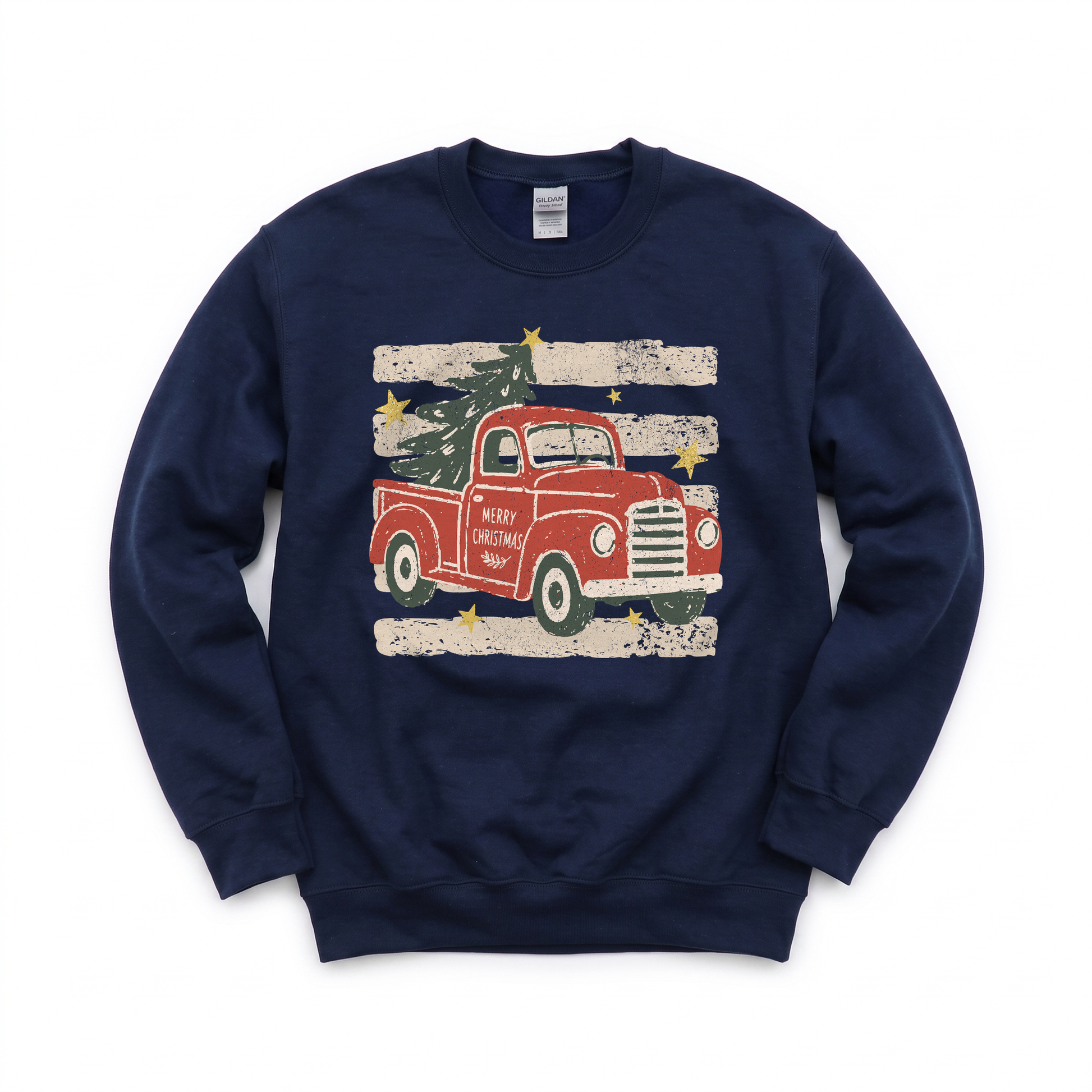 Vintage Christmas Truck graphic on Gildan 18000 in Navy