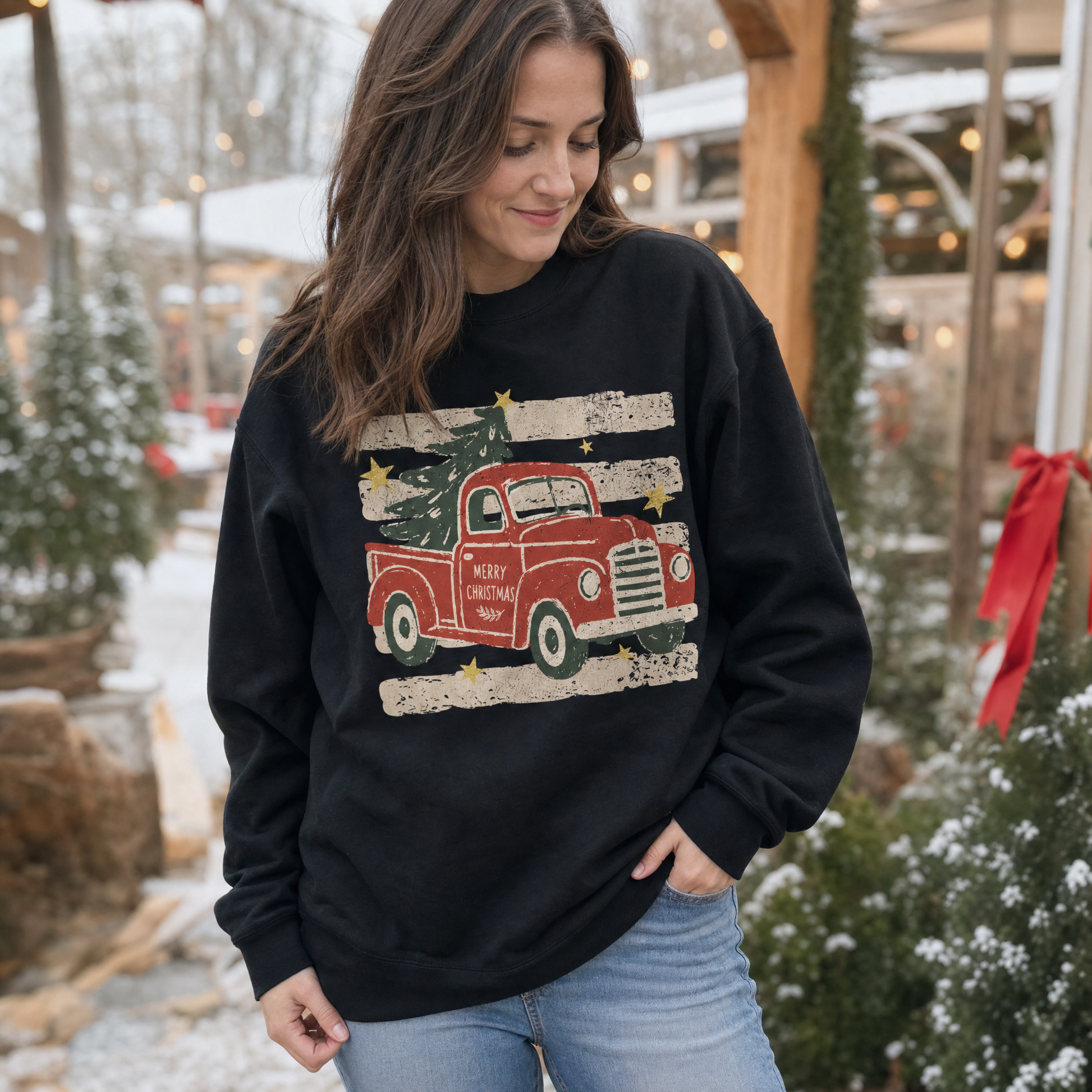 Model wearing the Vintage Christmas Truck sweatshirt in Black