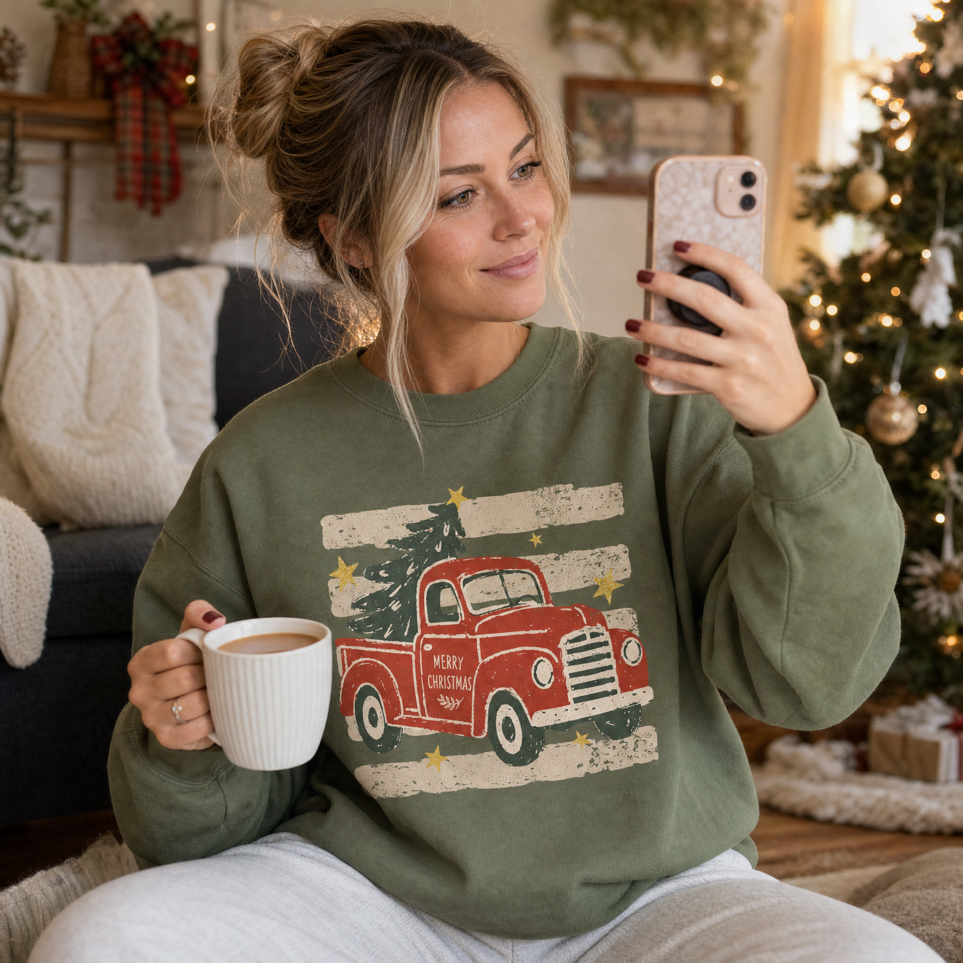 Model wearing the Vintage Christmas Truck sweatshirt in Military Green
