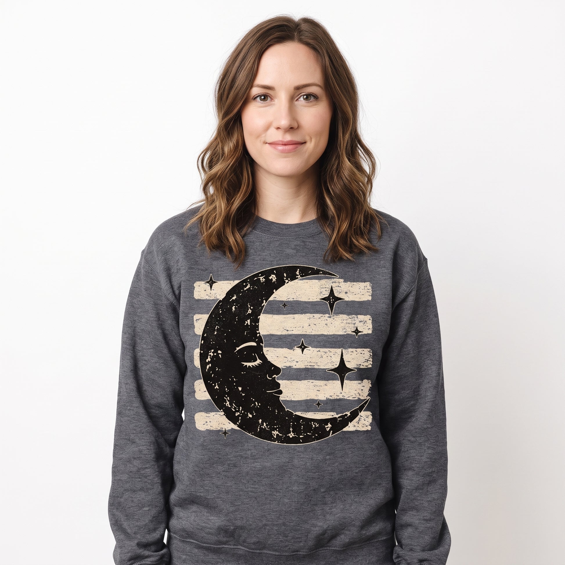 Model wearing the Vintage Crescent Moon sweatshirt in Dark Heather, cover image 1