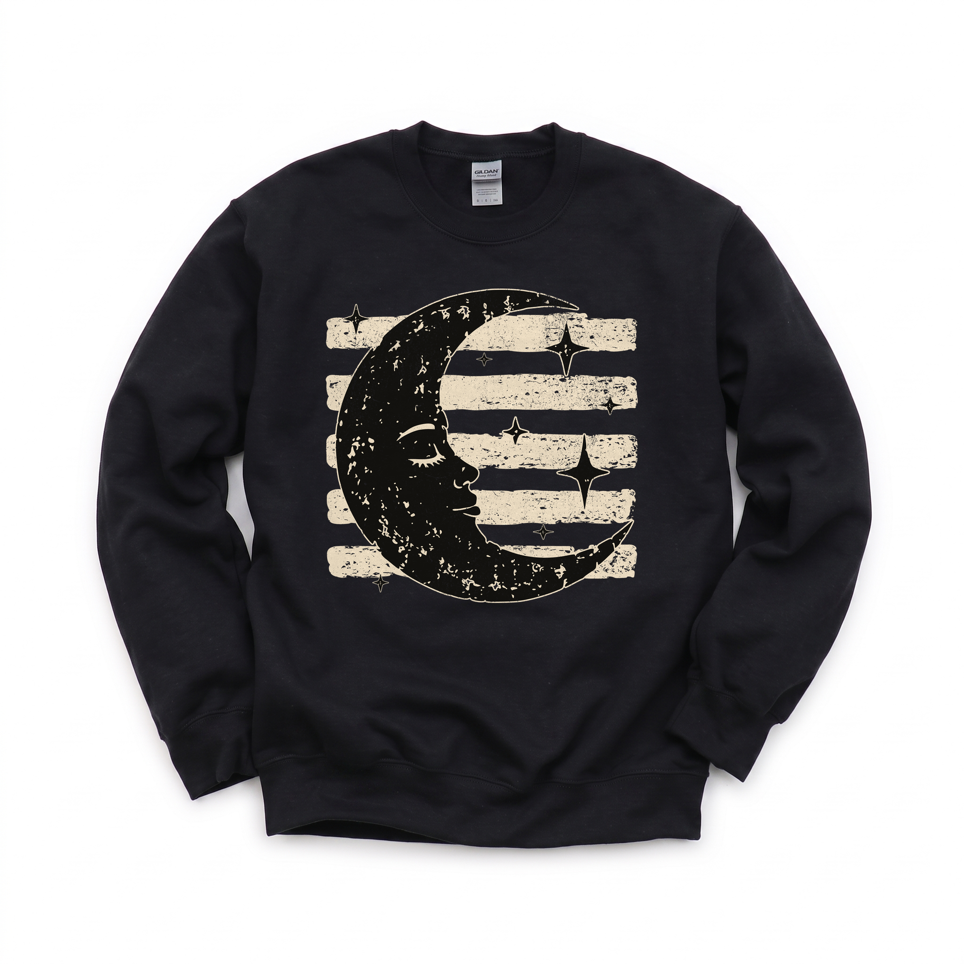 Vintage Crescent Moon graphic on Gildan 18000 in Black
