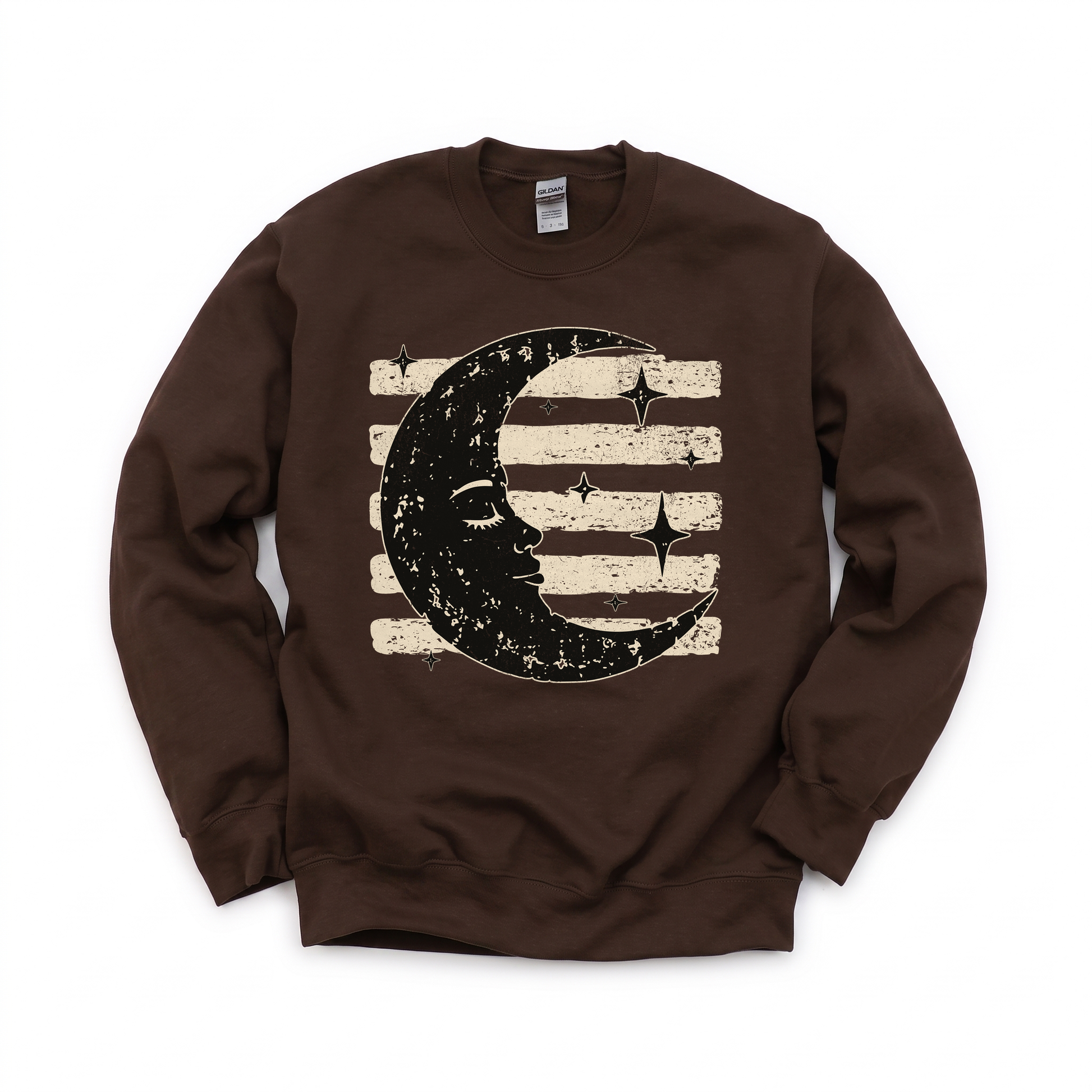 Vintage Crescent Moon graphic on Gildan 18000 in Dark Chocolate
