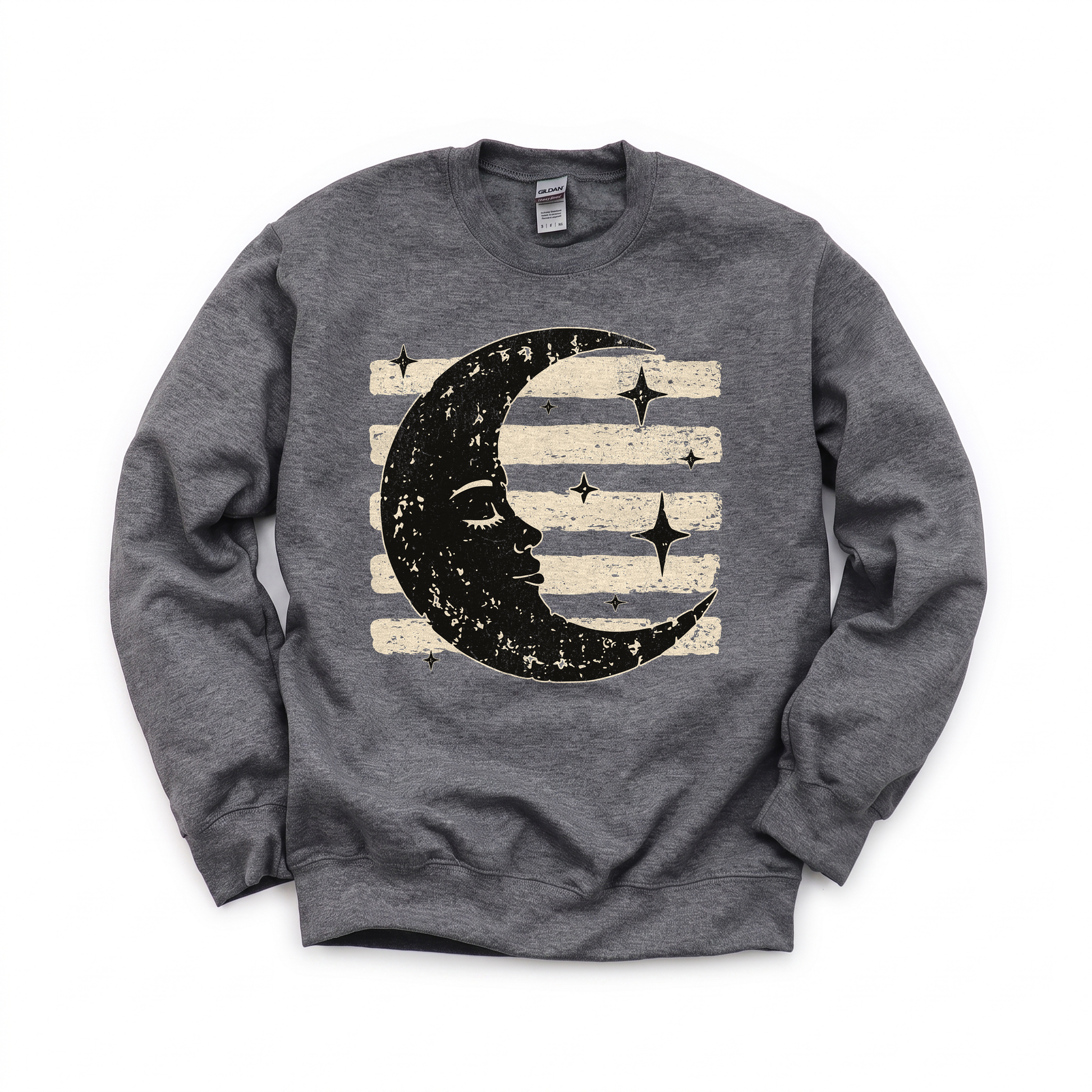 Vintage Crescent Moon graphic on Gildan 18000 in Dark Heather