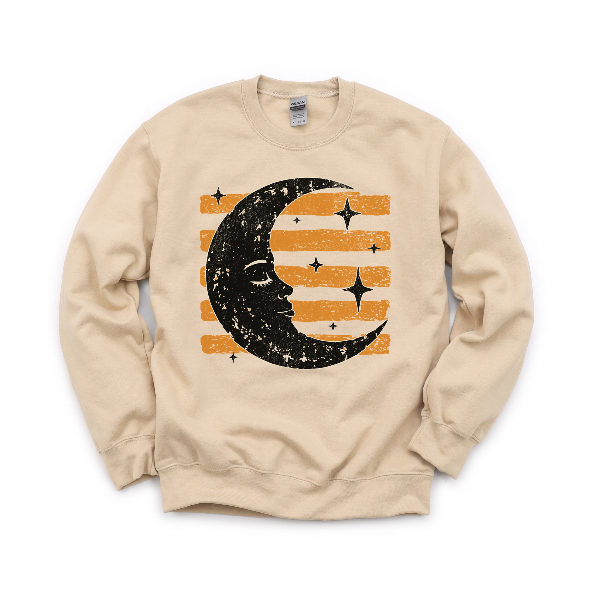 Vintage Crescent Moon graphic on Gildan 18000 in Sand