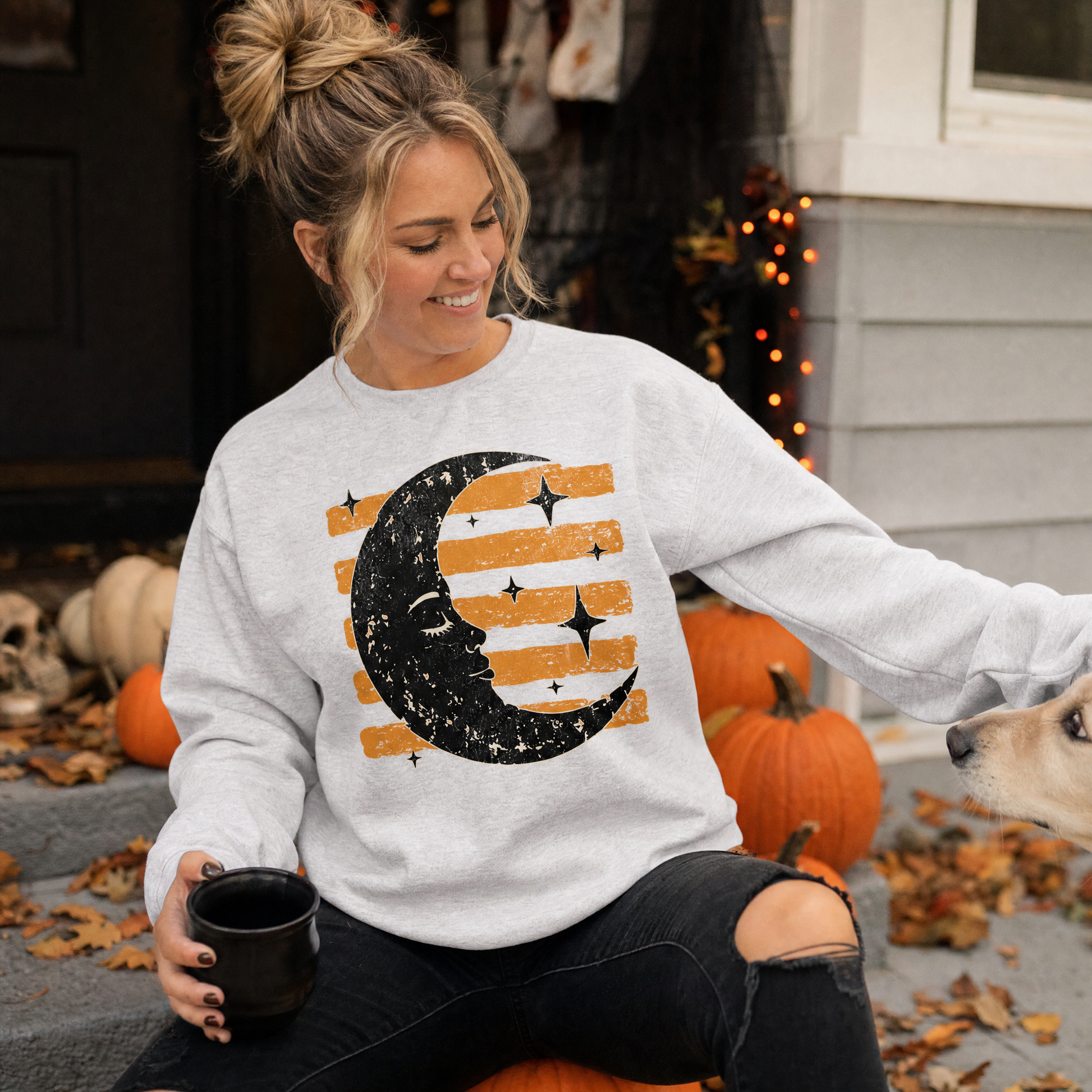 Model wearing the Vintage Crescent Moon sweatshirt in Ash