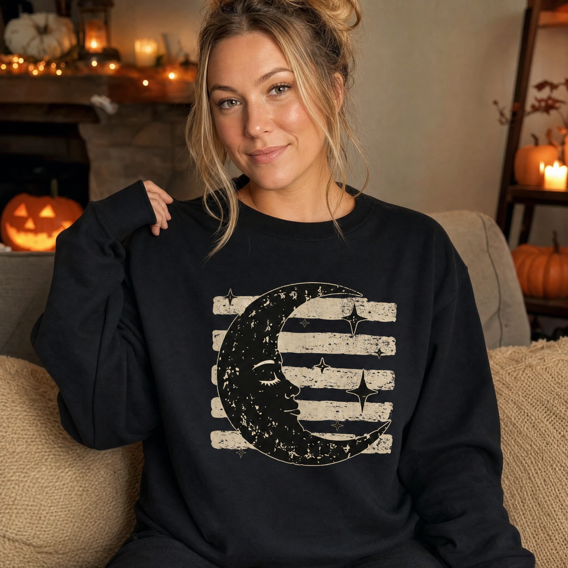 Model wearing the Vintage Crescent Moon sweatshirt in Black