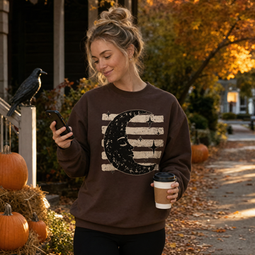 Model wearing the Vintage Crescent Moon sweatshirt in Dark Chocolate