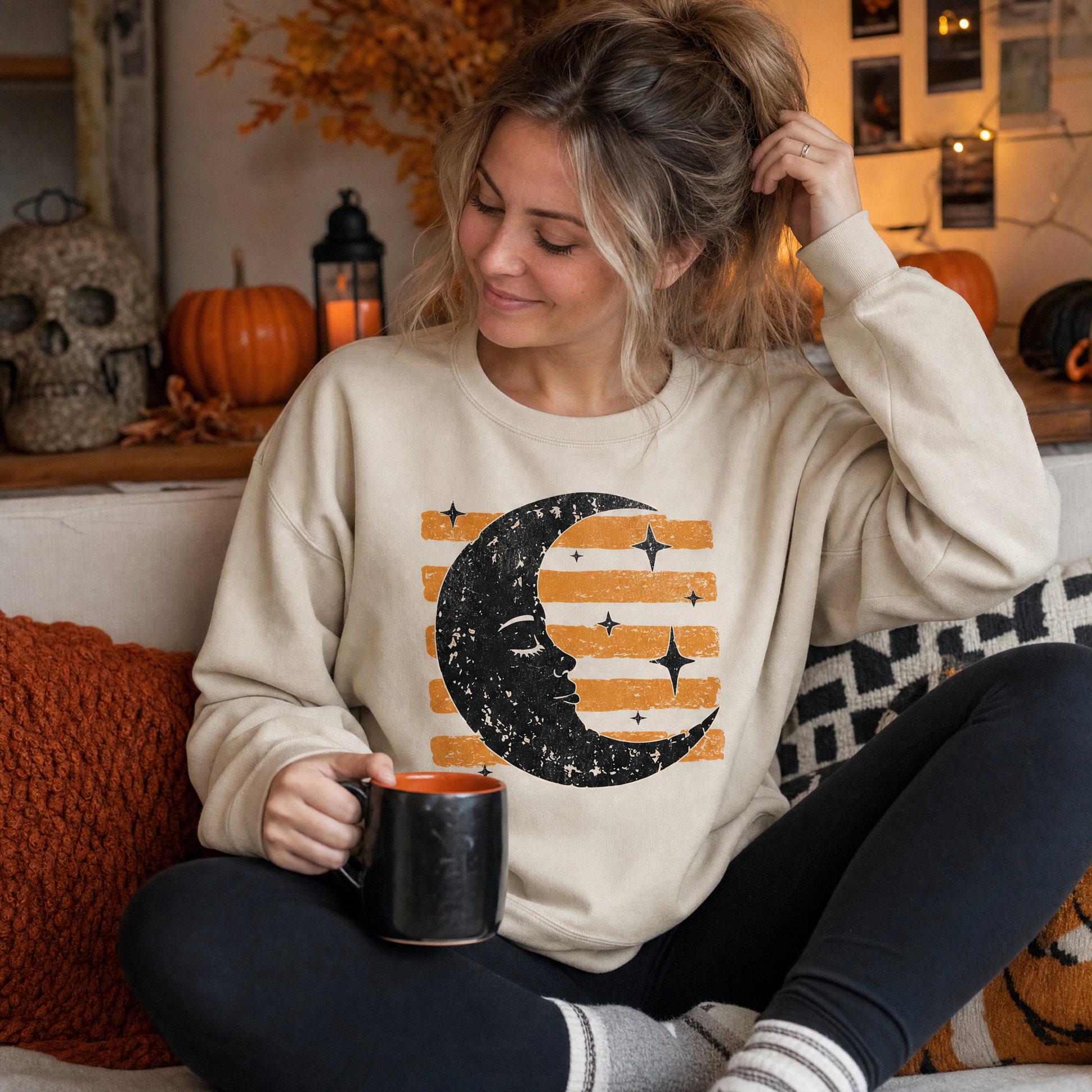 Model wearing the Vintage Crescent Moon sweatshirt in Sand