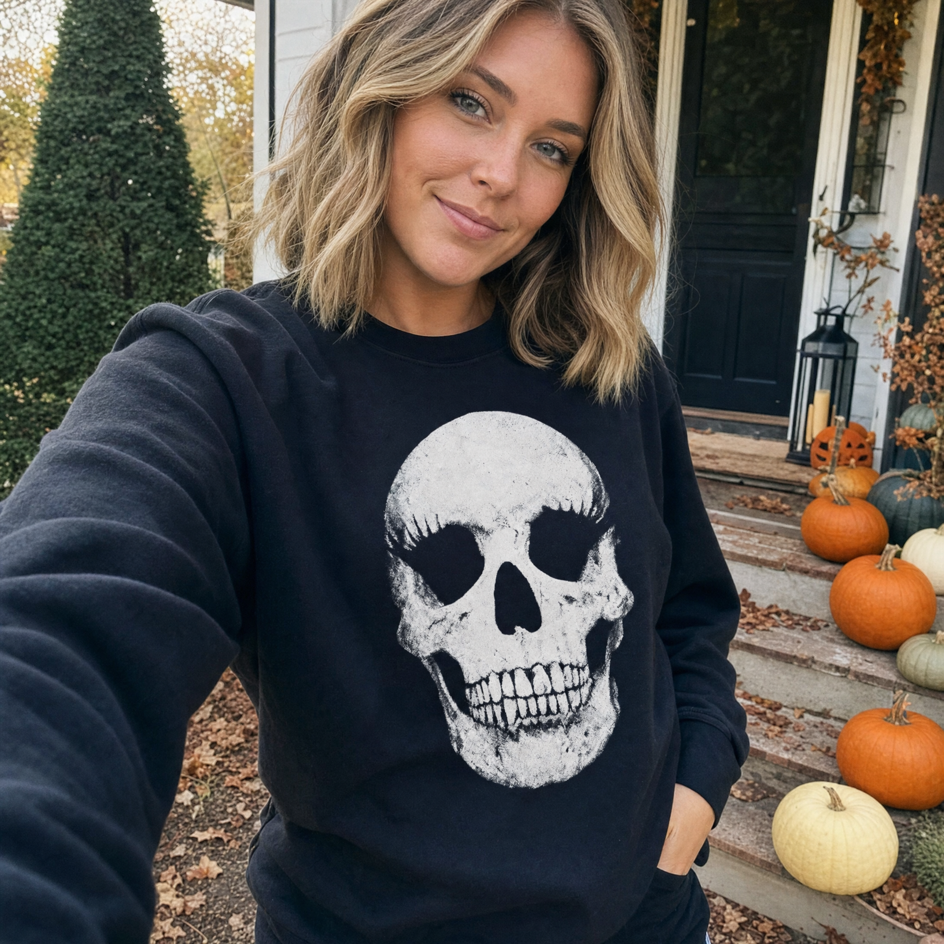 Model wearing the Vintage Skull sweatshirt in Black, lifestyle image 1