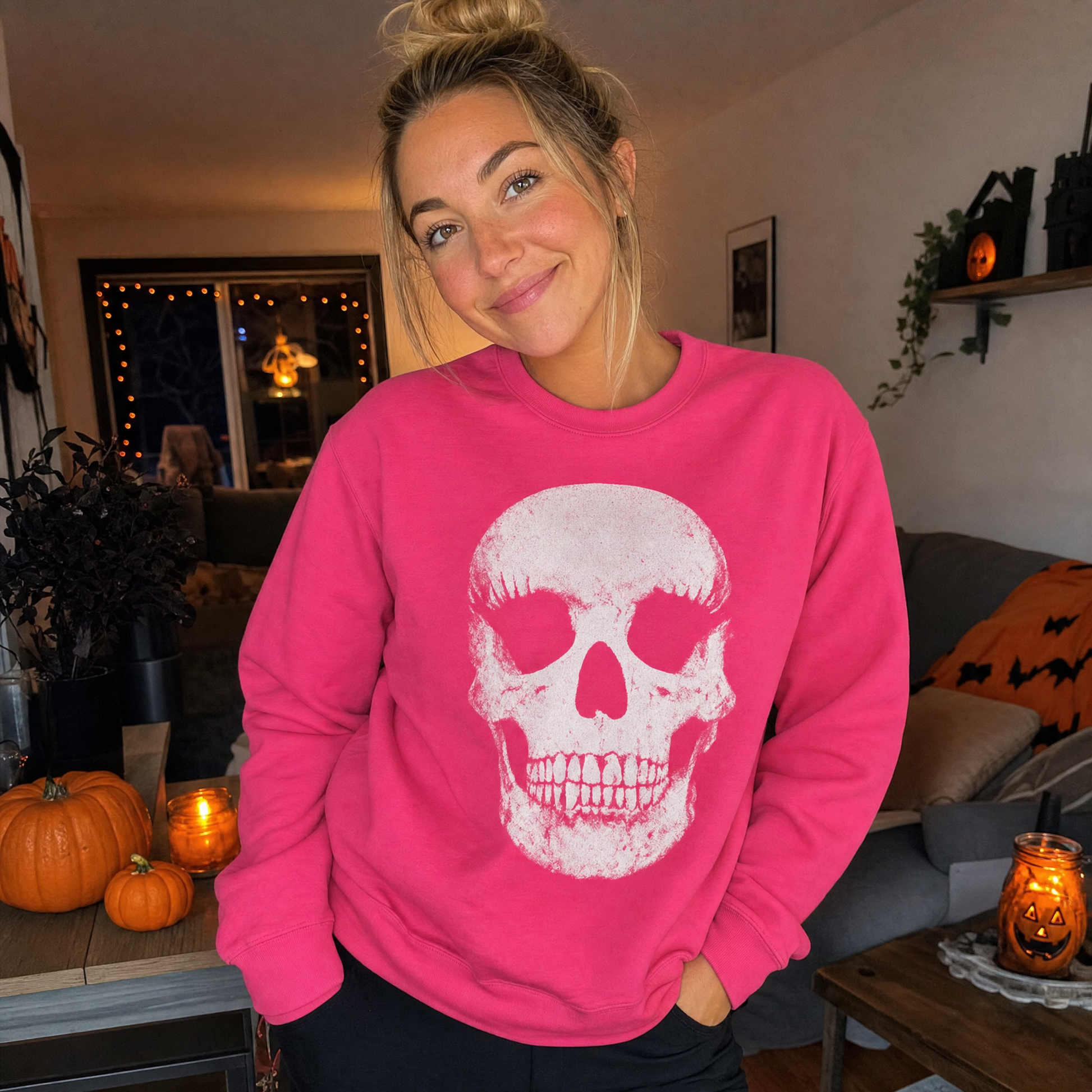 Model wearing the Vintage Skull sweatshirt in Heliconia