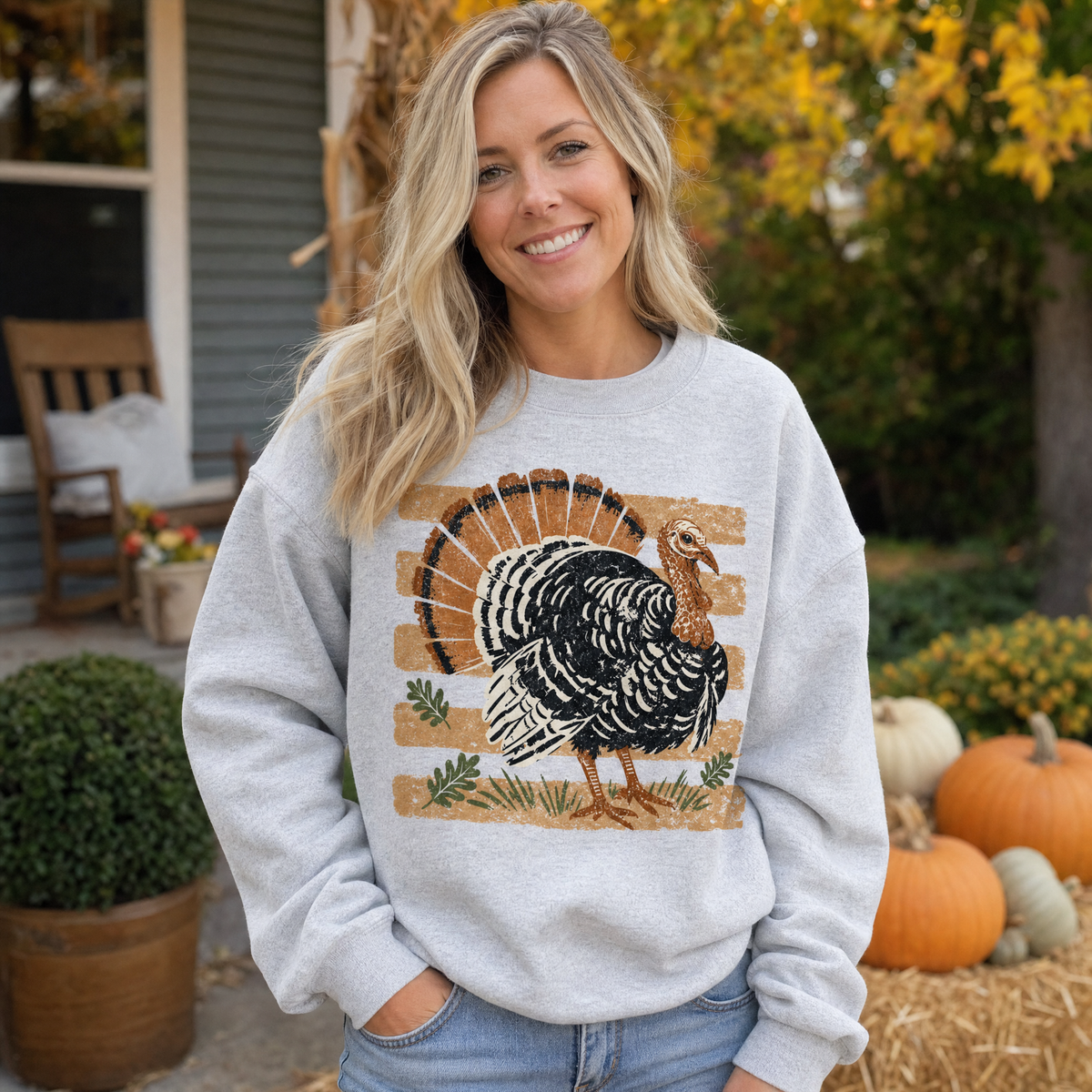 Model wearing the Vintage Turkey sweatshirt in Ash