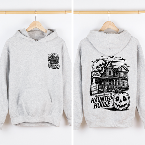 We Dare You To Visit The Haunted House, Spooky, Halloween, Pumpkin, Graphic Hoodie, Hooded Sweatshirt