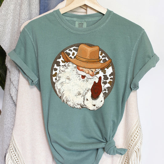 Western Cowboy Santa, Hat, Cow Print, Christmas, Retro, Comfort Colors Tshirt