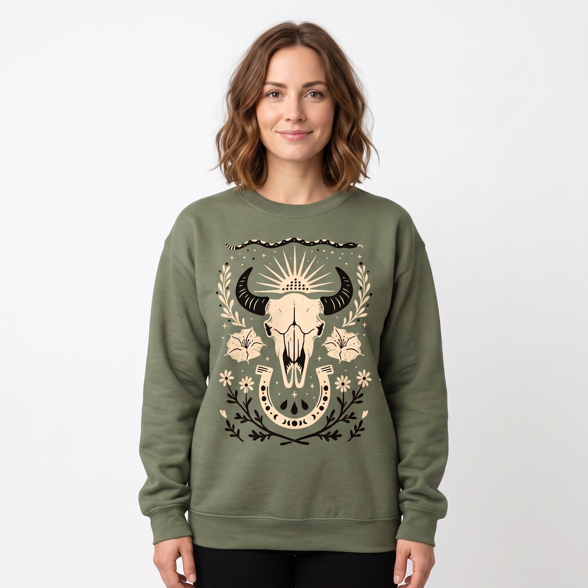 Model wearing the Western sweatshirt in Military Green, cover image 1