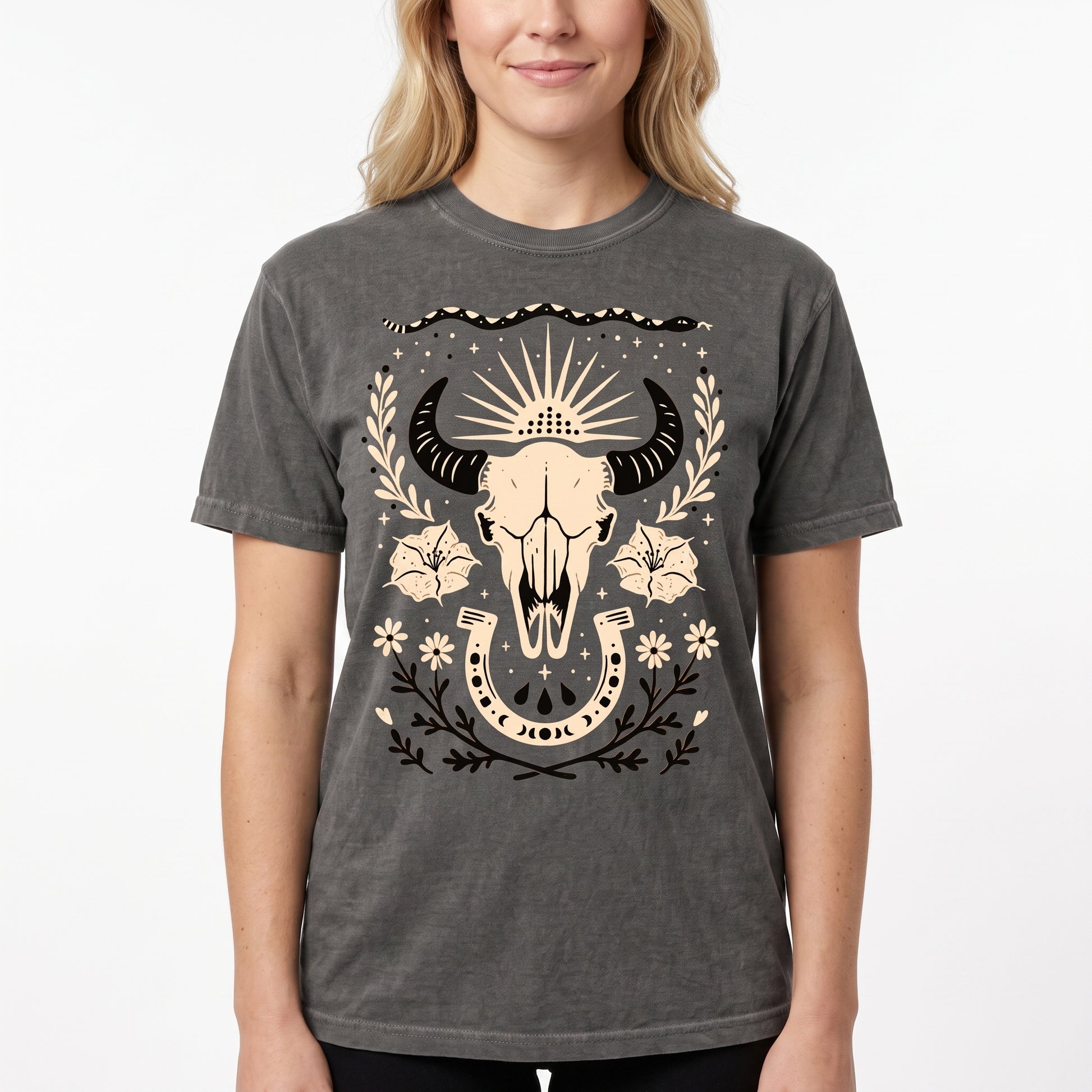 Model wearing the Western comfort colors tee in Pepper, cover image 1