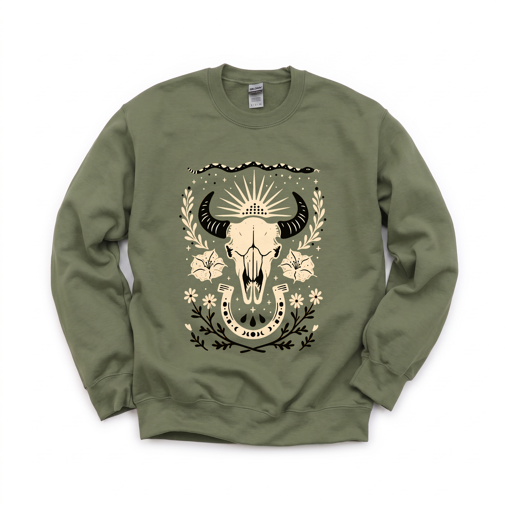 Western graphic on Gildan 18000 in Military Green