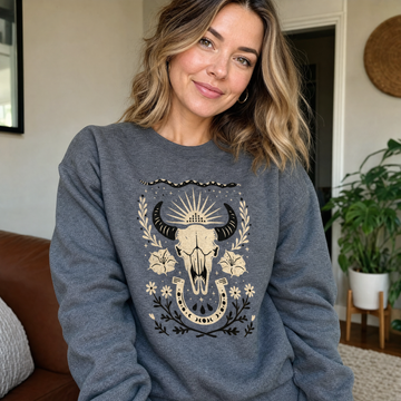 Model wearing the Western sweatshirt in Dark Heather