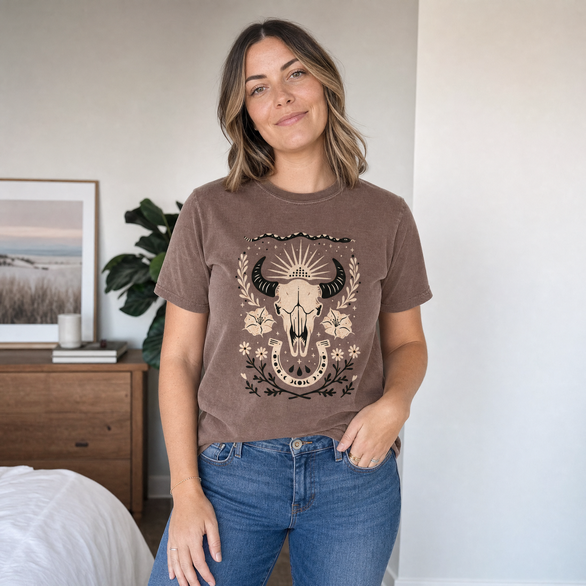 Model wearing the Western comfort colors tee in Espresso