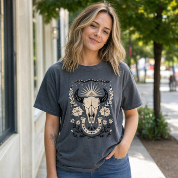 Model wearing the Western comfort colors tee in Pepper, lifestyle image 1