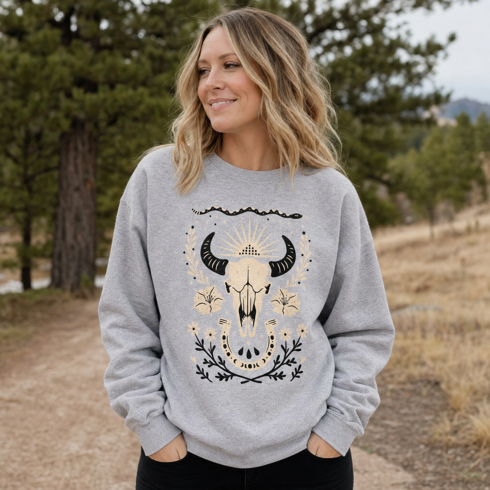 Model wearing the Western sweatshirt in Sport Grey