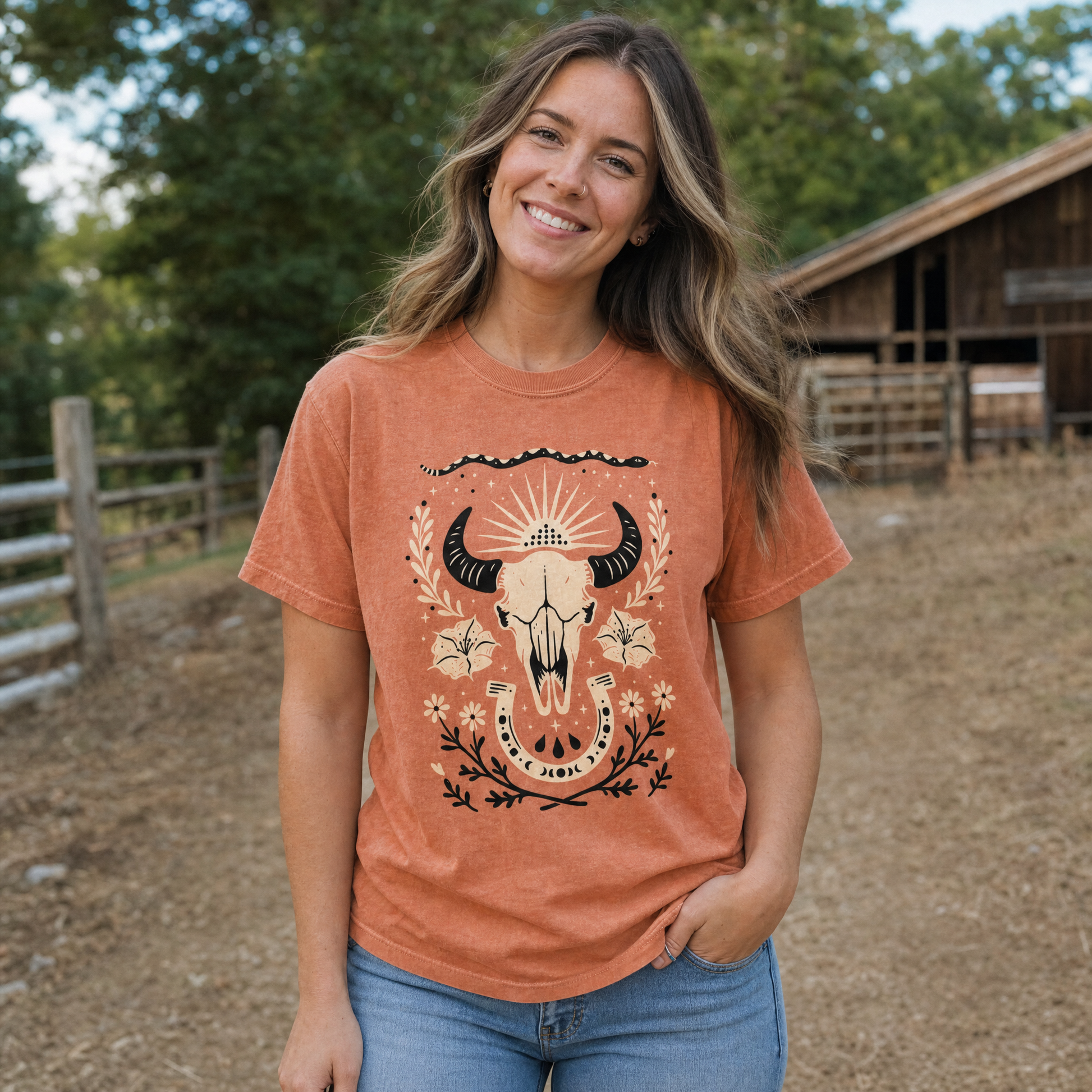 Model wearing the Western comfort colors tee in Yam
