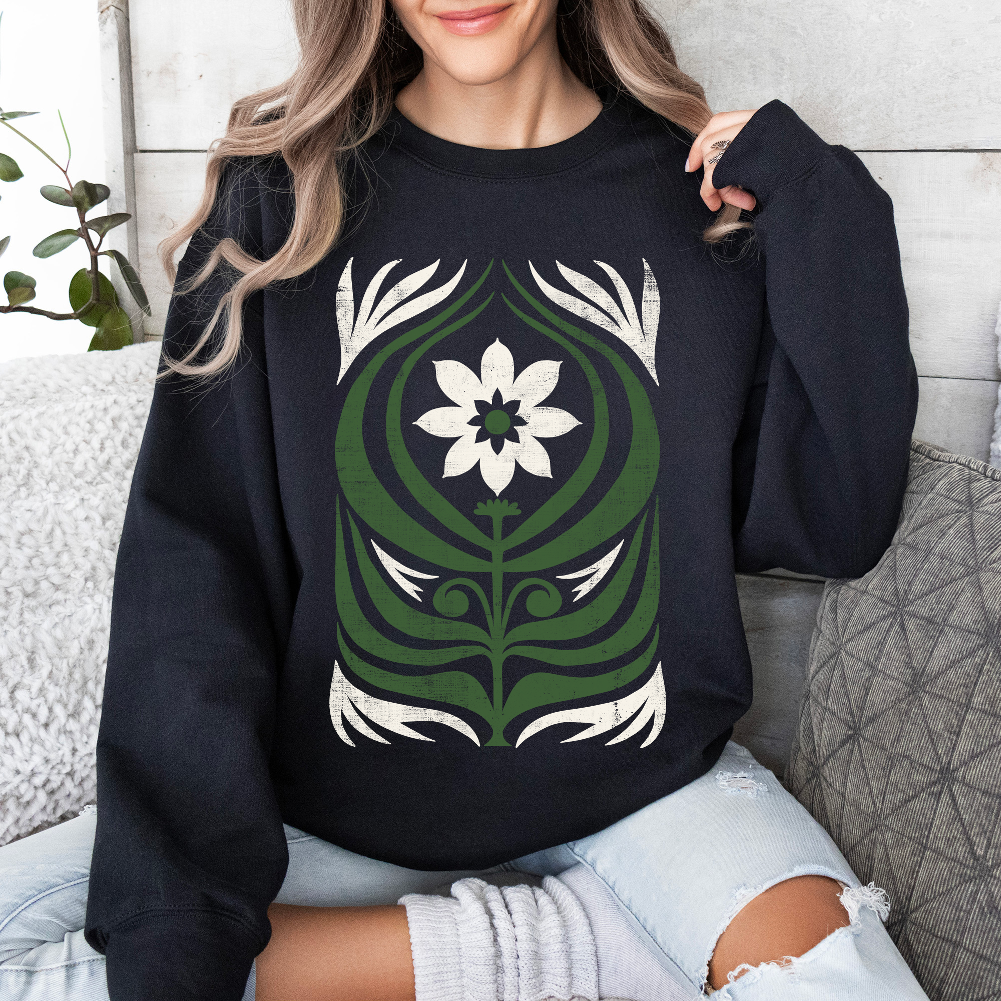 White Daisy Floral, Vintage Boho, Nature Sweatshirt