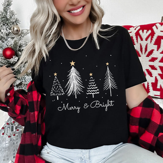 White Merry and Bright Christmas Trees, Gold Star Super Soft Tshirt