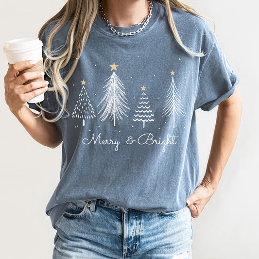 White Merry and Bright Christmas Trees, Gold Star, Comfort Colors Tshirt