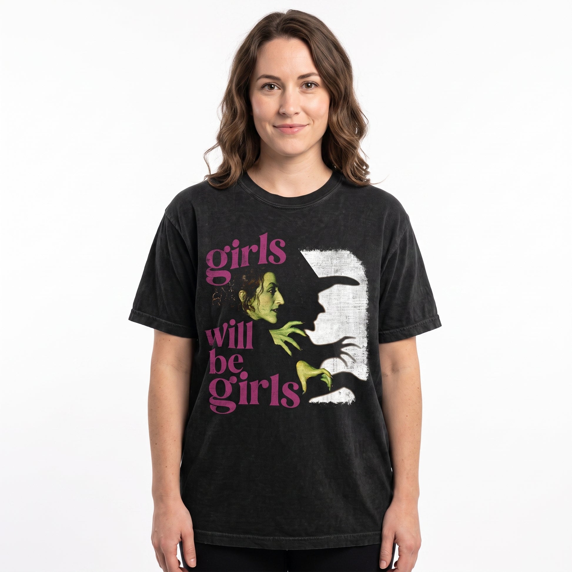 Model wearing the Wicked Witch comfort colors tee in Black