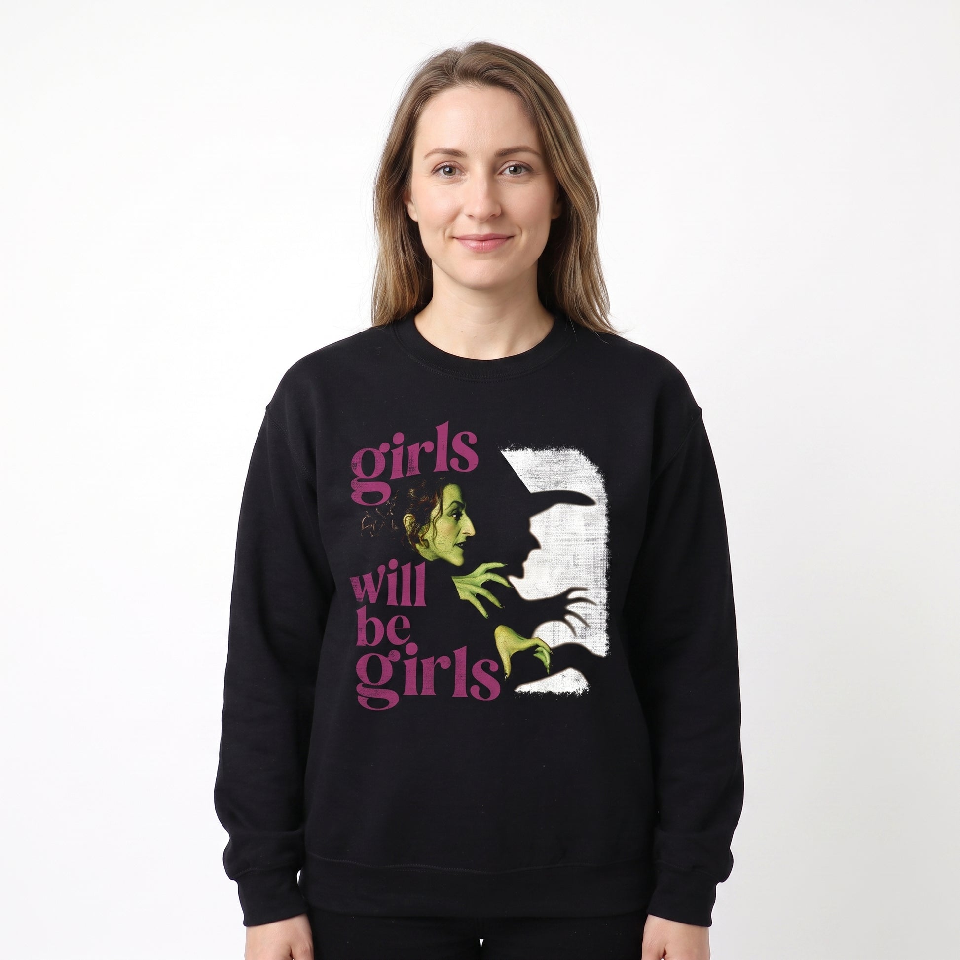 Model wearing the Wicked Witch sweatshirt in Black