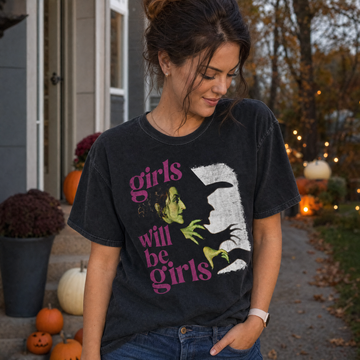 Model wearing the Wicked Witch comfort colors tee in Black
