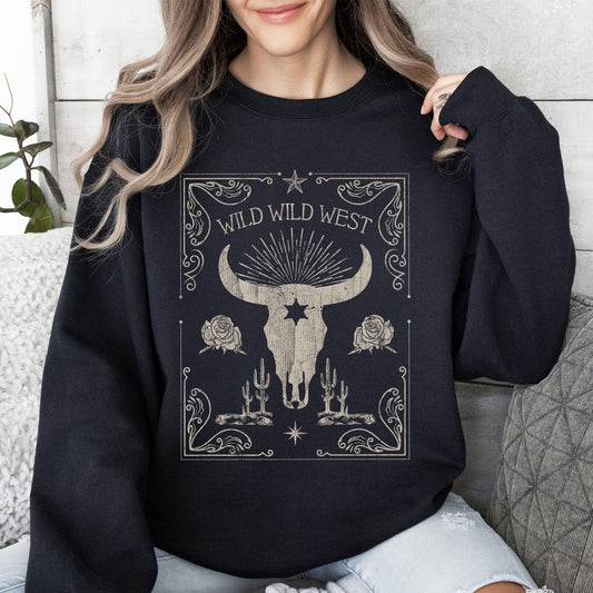 Wild Wild West, Cow Skull, Rose, Western, Country Sweatshirt