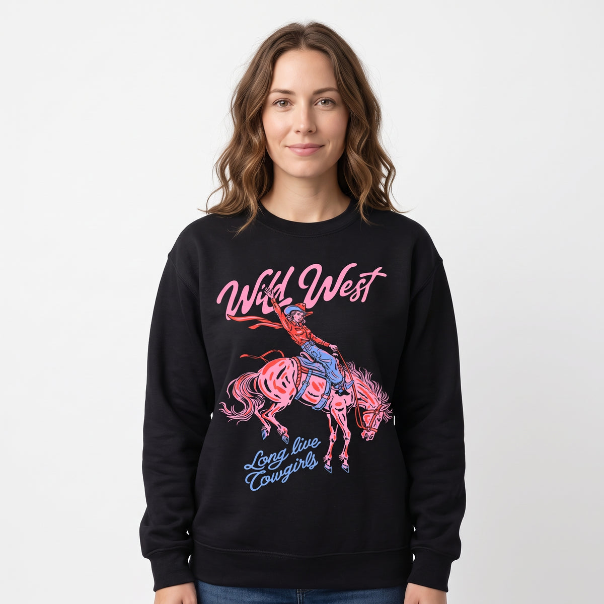 Model wearing the Wild West Cowgirl sweatshirt in Black, cover image 1