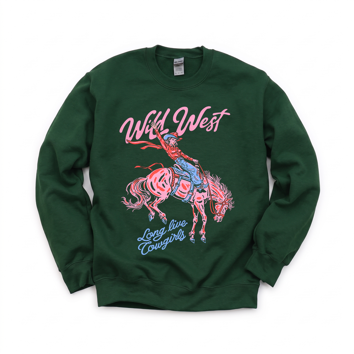 Wild West Cowgirl graphic on Gildan 18000 in Forest Green