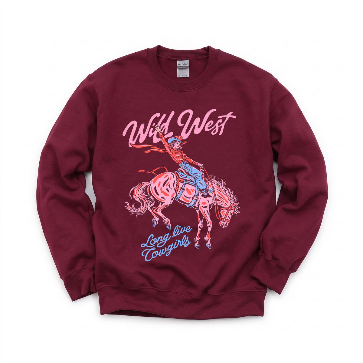 Wild West Cowgirl graphic on Gildan 18000 in Maroon