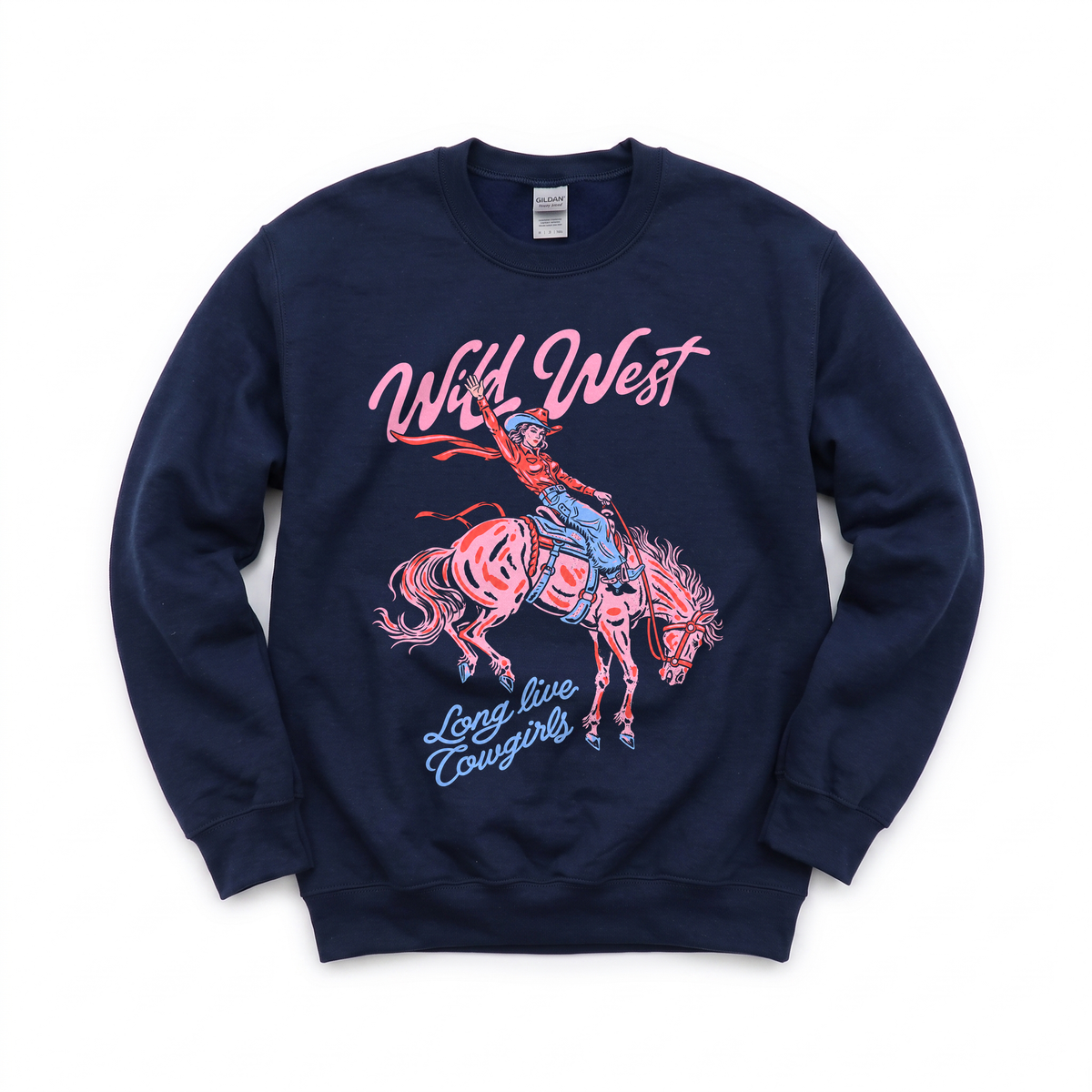 Wild West Cowgirl graphic on Gildan 18000 in Navy