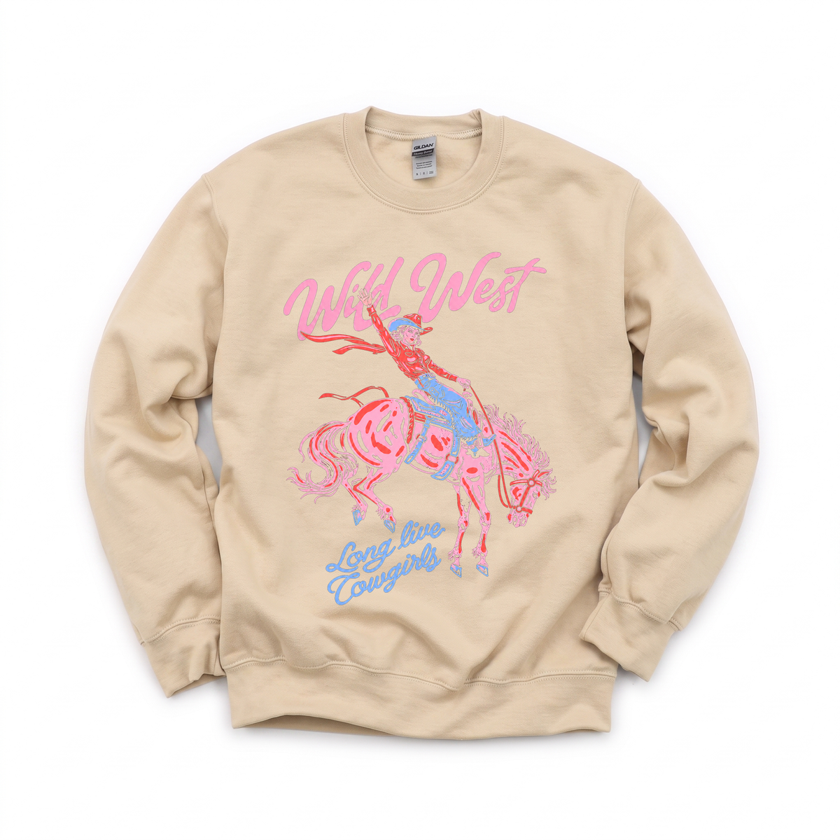 Wild West Cowgirl graphic on Gildan 18000 in Sand