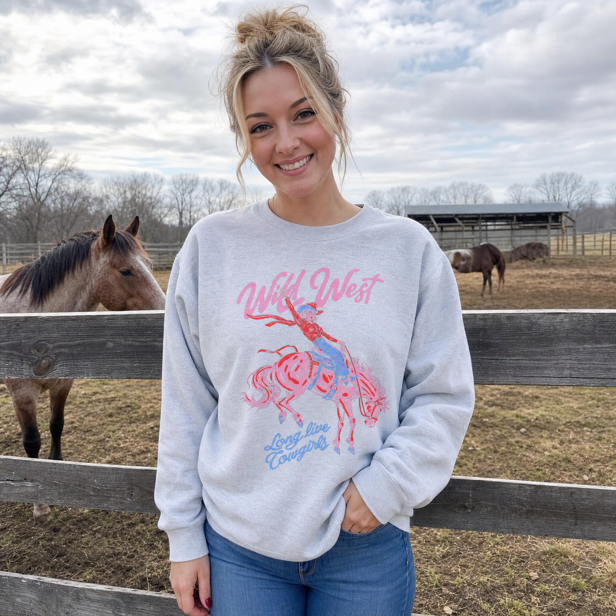 Model wearing the Wild West Cowgirl sweatshirt in Ash