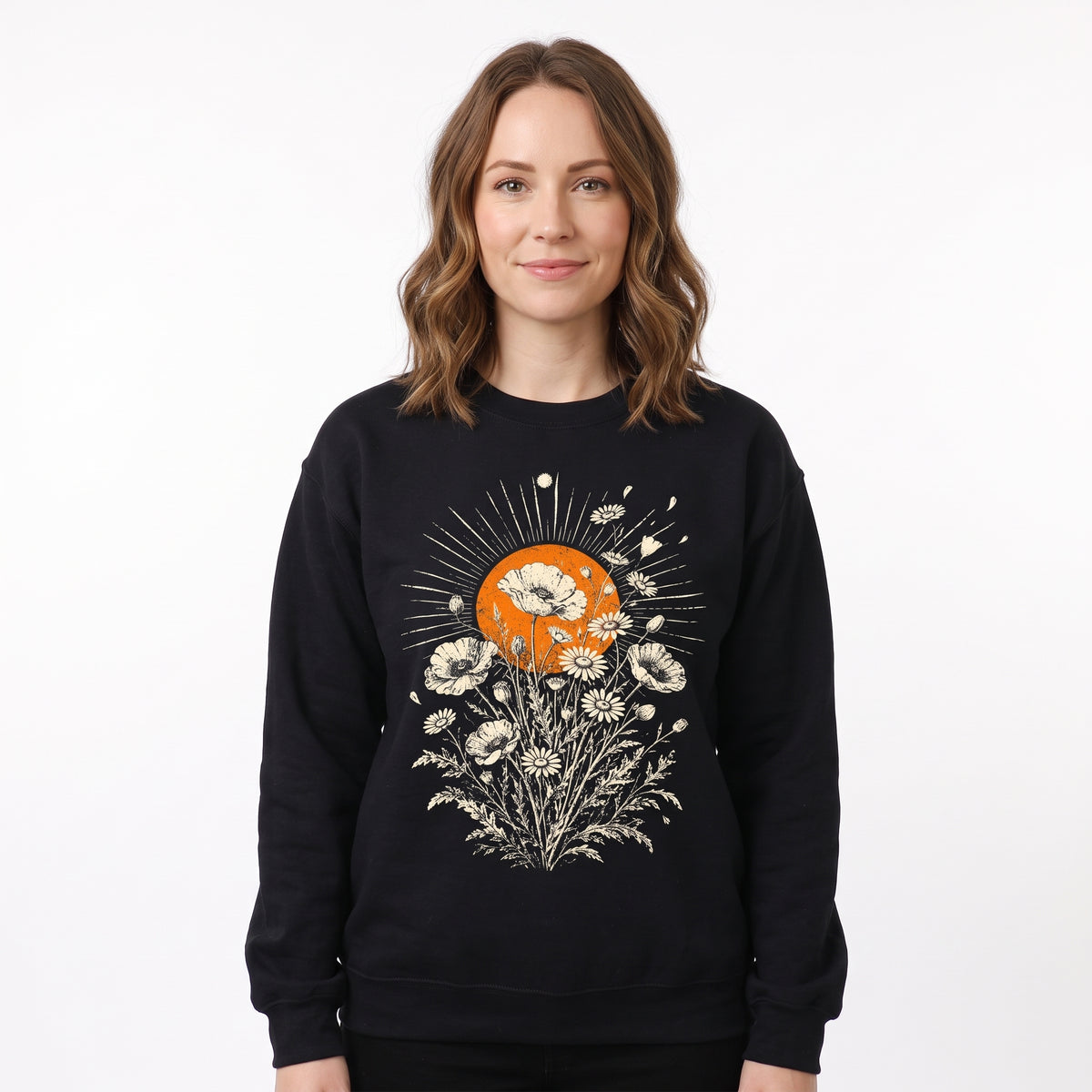 Model wearing the Wildflower Bouquet sweatshirt in Black, cover image 1